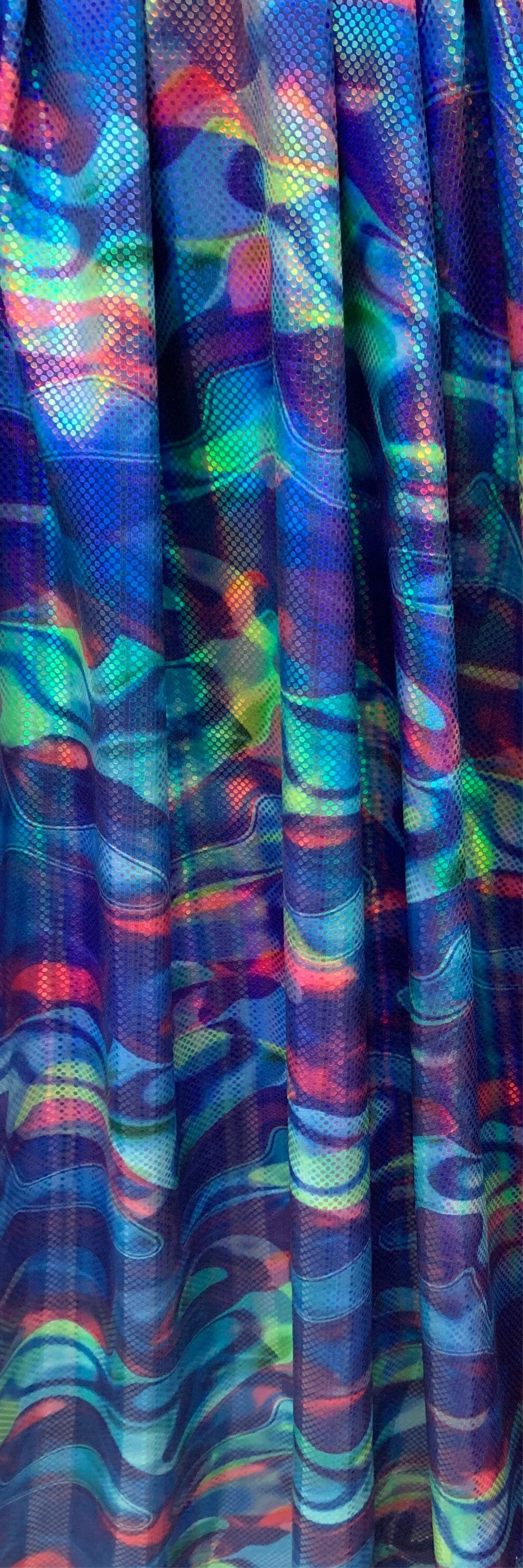 New lava design digital foil print lacer hologram metallic nylon spandex 4-way stretch58/60”sold by the YD.ships worldwide from Los Ángeles