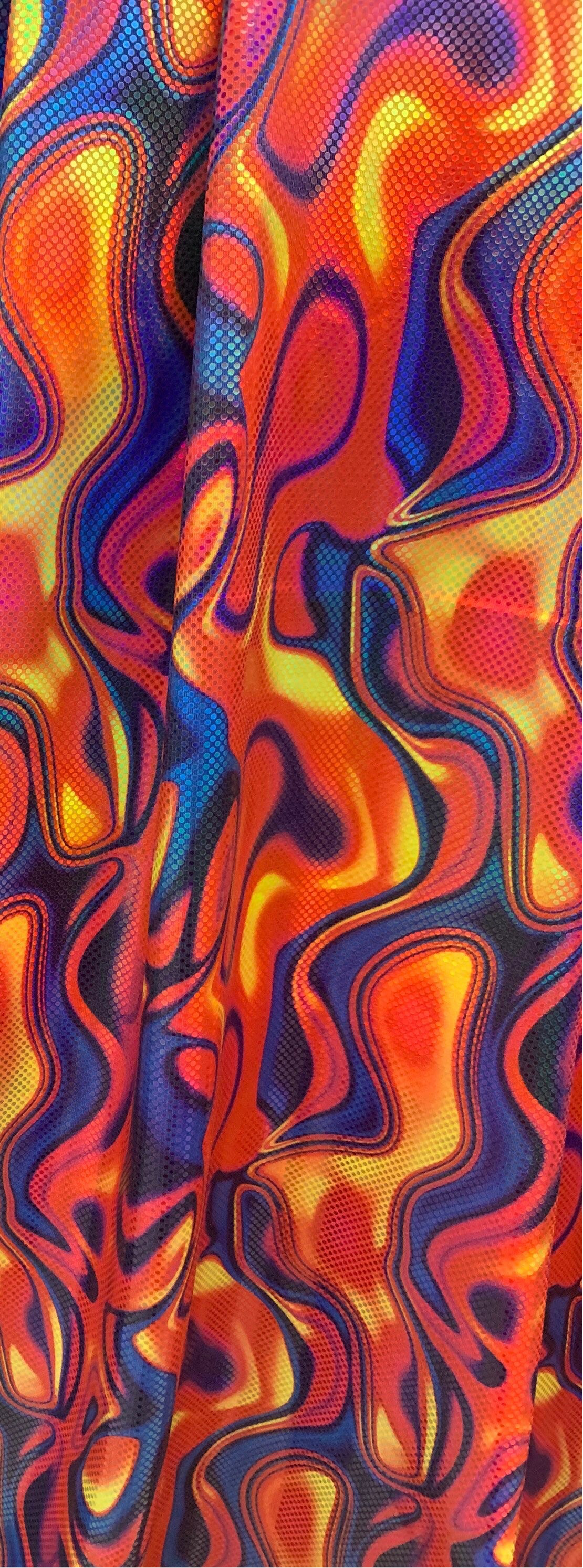 New lava design digital foil print lacer hologram metallic nylon spandex 4-way stretch58/60”sold by the YD.ships worldwide from Los Ángeles