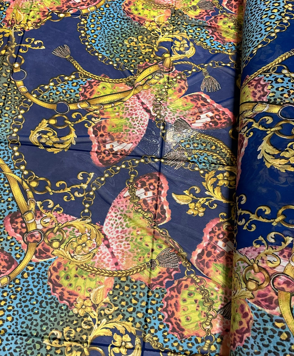 Butterfly baroque design print on power mesh nylon spandex 4-way stretch 58/60”Sold by the YD.Ships worldwide from Los Angeles CA.