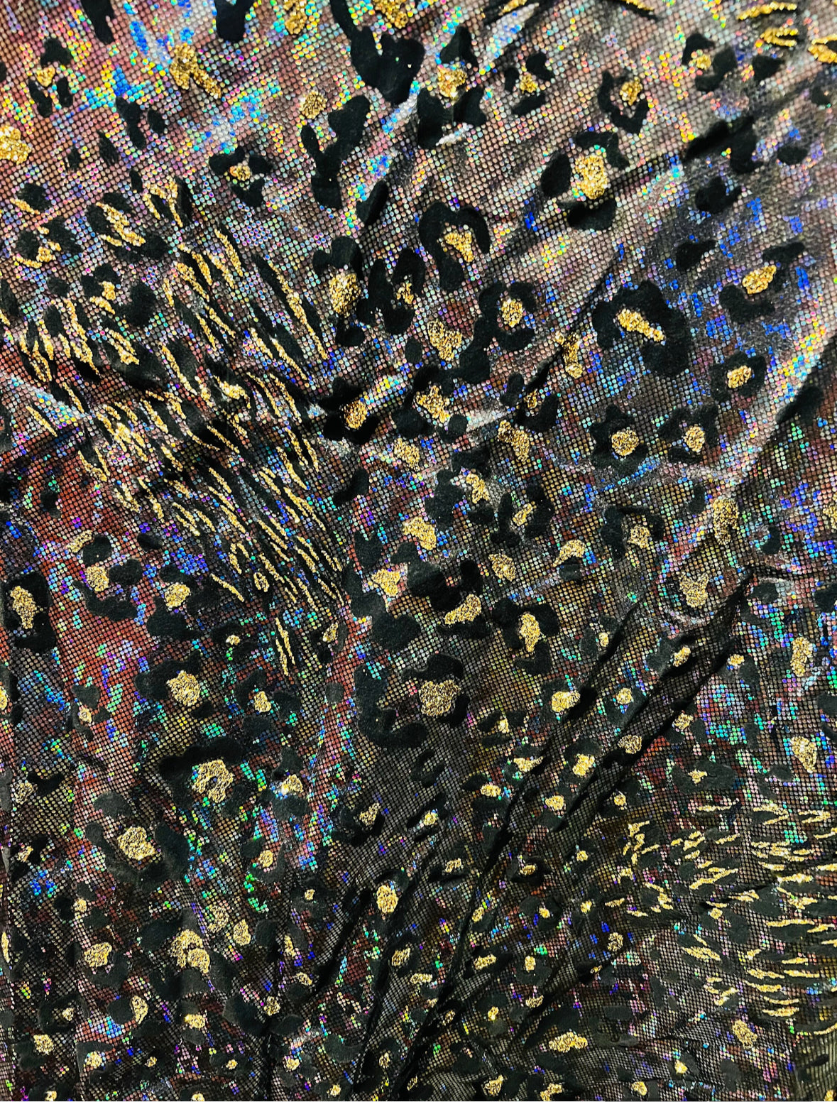 New Safari wild cats design print on hologram metallic nylon spandex with flocking 4way stretch 58/60”sold by the YD.Ships worldwide from LA