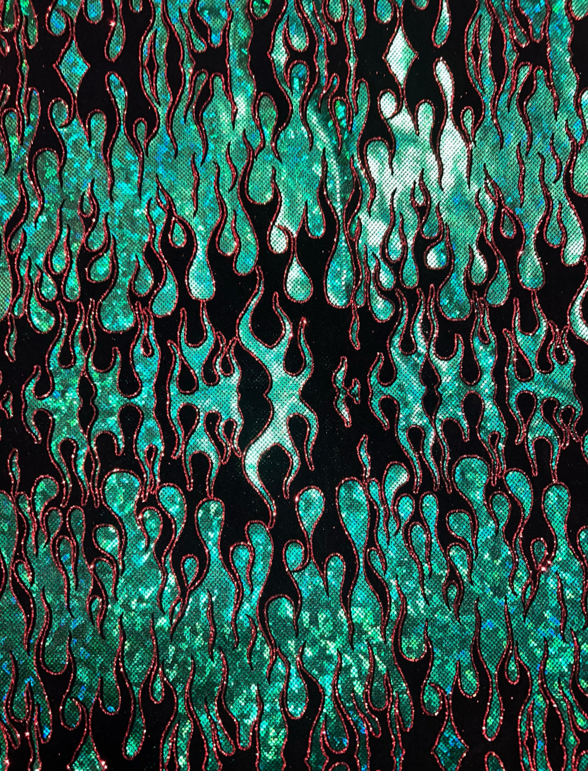 Leaping flames design hologram shattered glass with flocking metallic nylon spandex 4-stretch58/60”sold by the YD.Ships Worldwide from LA.