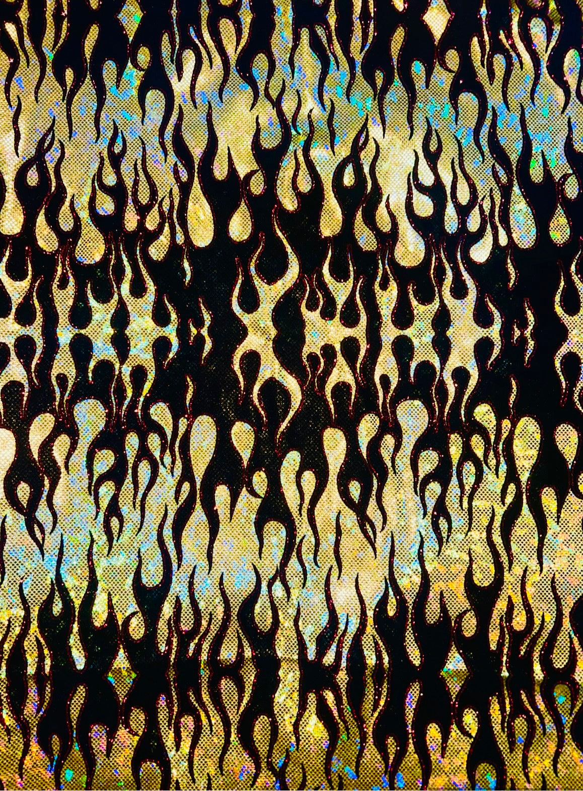 Leaping flames design hologram shattered glass with flocking metallic nylon spandex 4-stretch58/60”sold by the YD.Ships Worldwide from LA.