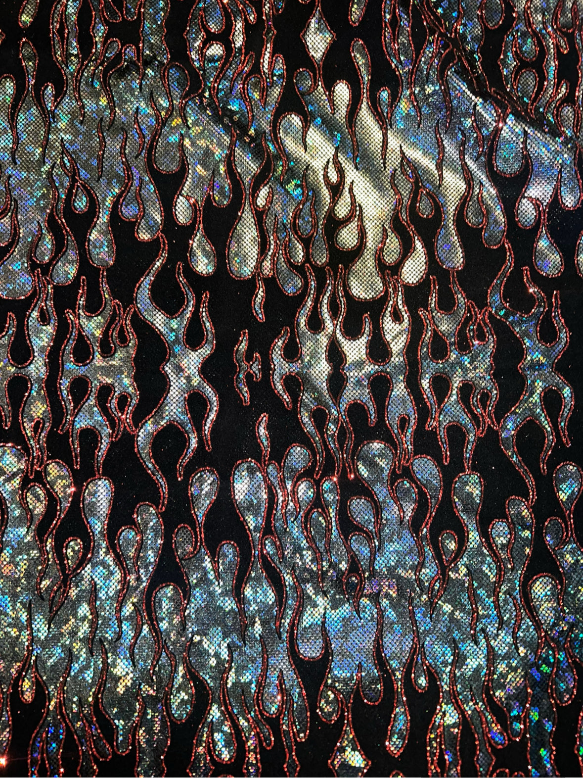 Leaping flames design hologram shattered glass with flocking metallic nylon spandex 4-stretch58/60”sold by the YD.Ships Worldwide from LA.