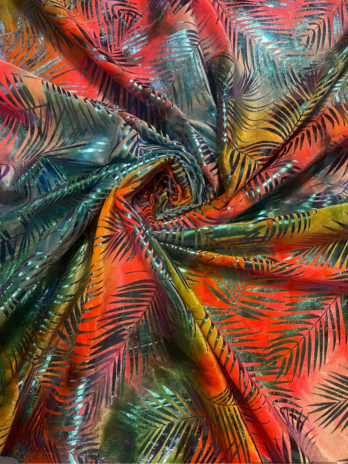 New tropical stretch velvet tie dye with metallic design 4-Stretch 58/60 Sold by the YD.Ships worldwide from Los Angeles California USA.