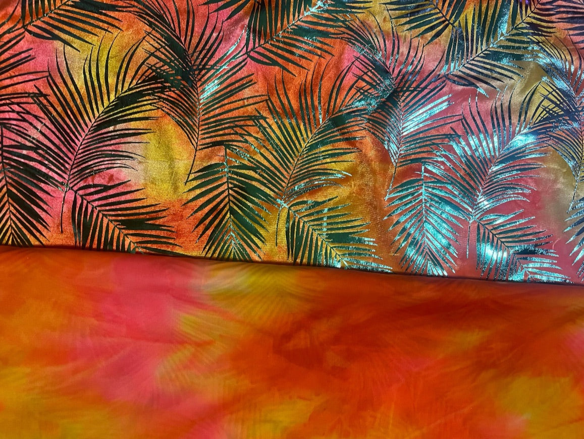 New tropical stretch velvet tie dye with metallic design 4-Stretch 58/60 Sold by the YD.Ships worldwide from Los Angeles California USA.