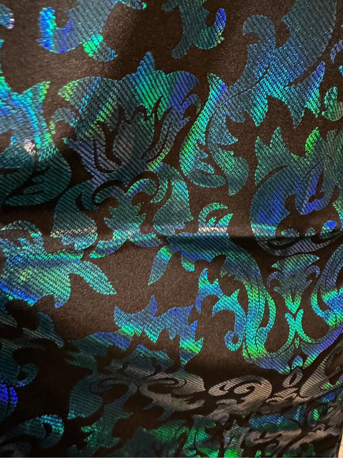 New iridescent damask design hologram metallic nylon spandex 4-way stretch 58/60”Sold by the YD.Ships worldwide from Los Angeles California