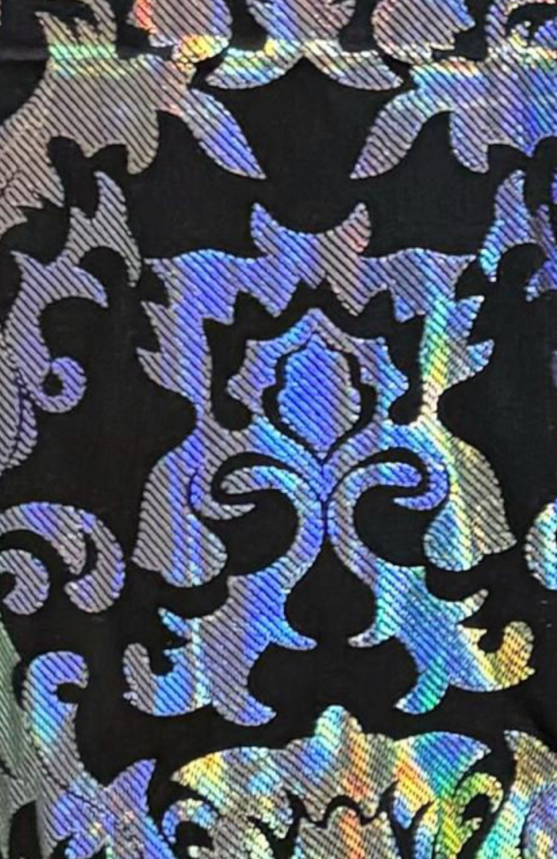 New iridescent damask design hologram metallic nylon spandex 4-way stretch 58/60”Sold by the YD.Ships worldwide from Los Angeles California