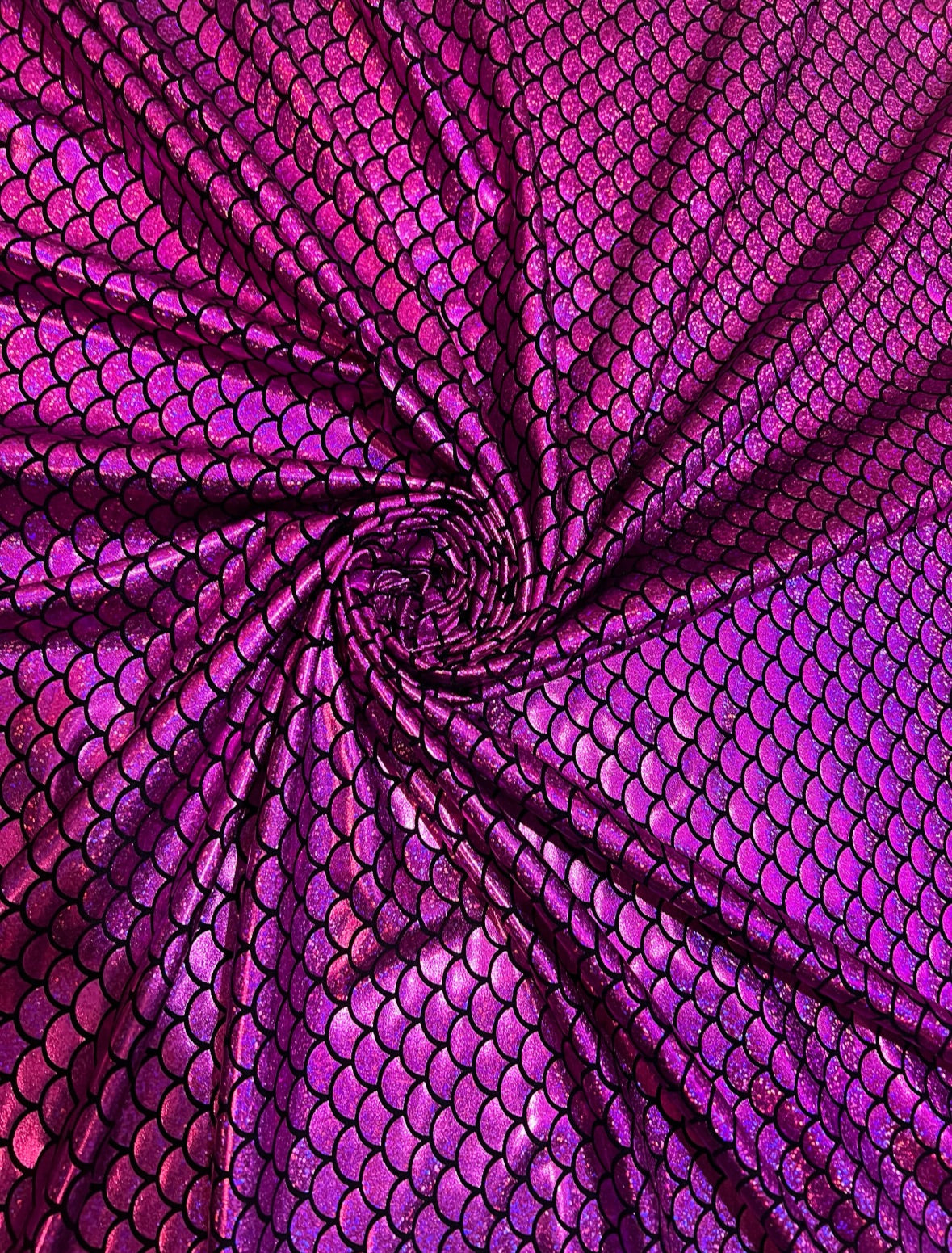 Hologram and iridescent mermaid scales print on nylon spandex 4-way stretch 58/60”Sold by the YD.Ships worldwide from Los Angeles California