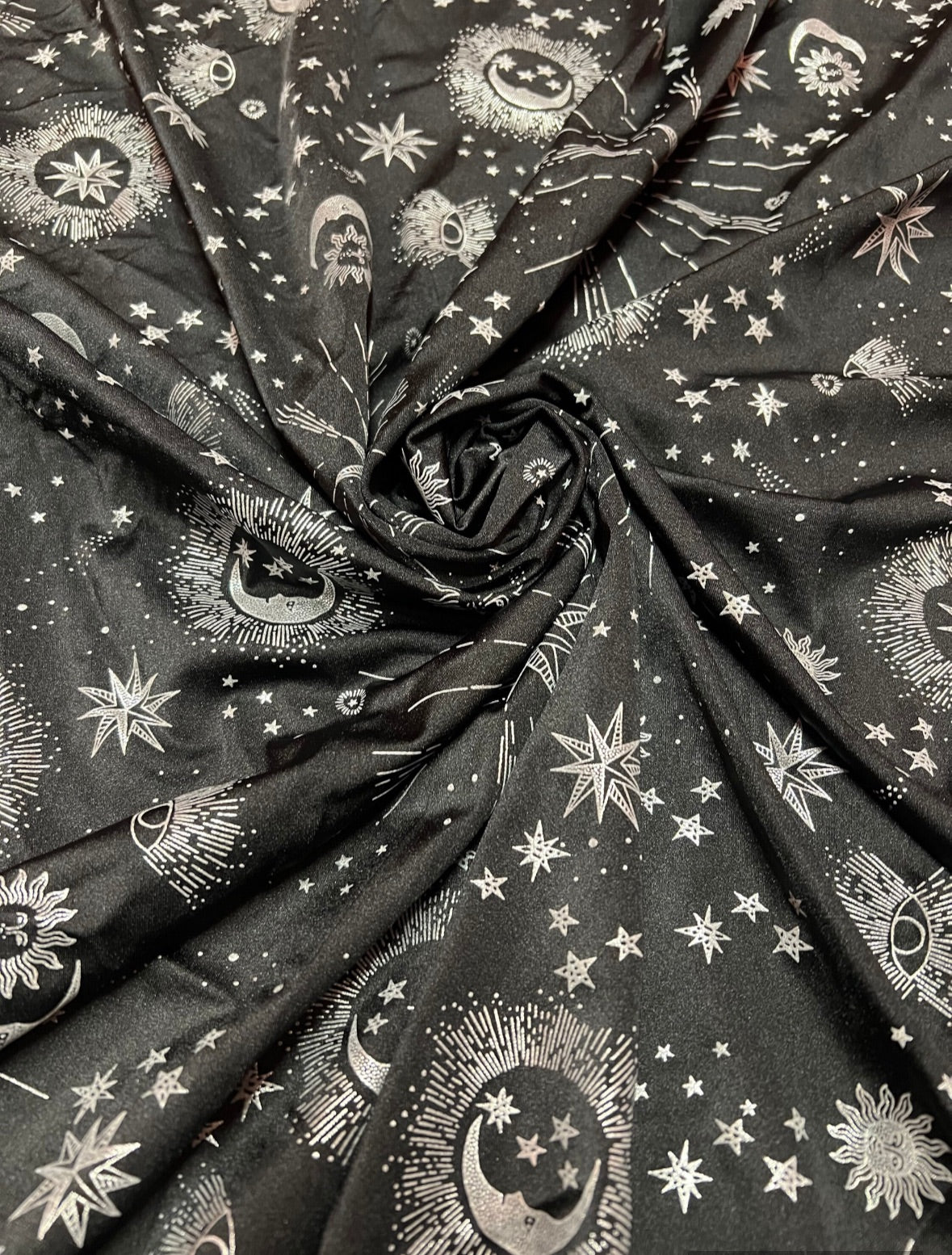 New stars moon celestial design print on the best quality of nylon spandex 4-stretch 50/60”sold by the YD.ships worldwide from Los Angeles