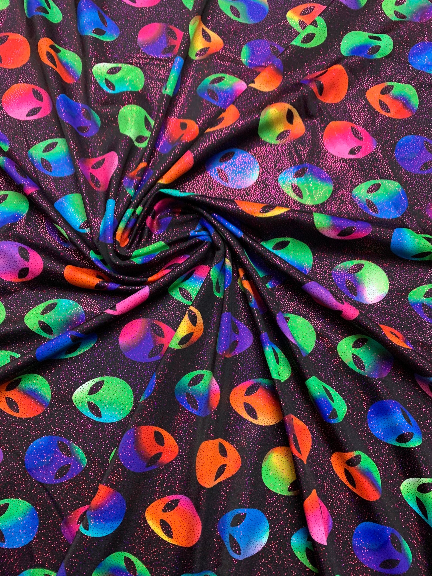 Great colorful martians design with foggy foil print on nylon spandex 4way stretch 58/60”sold by the YD.ships worldwide from Los Ángeles CA