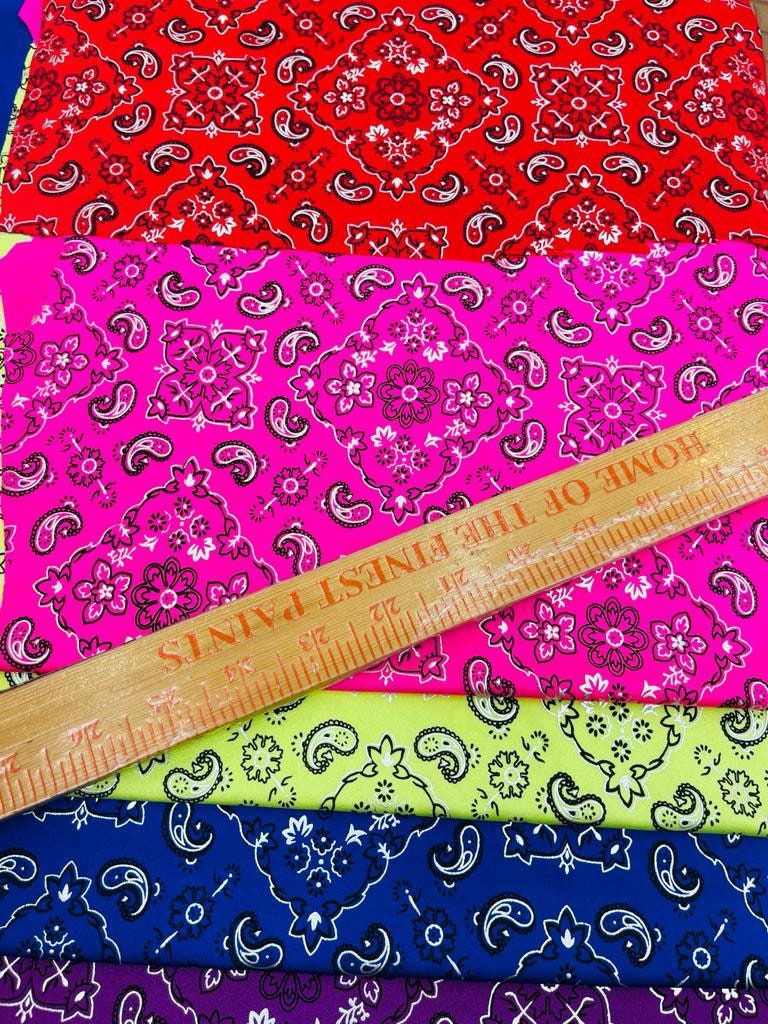 Modern bandana design print on the best quality nylon spandex with metallic 4-way stretch 58/60”sold by the YD.ships worldwide from Los Angeles CA USA.