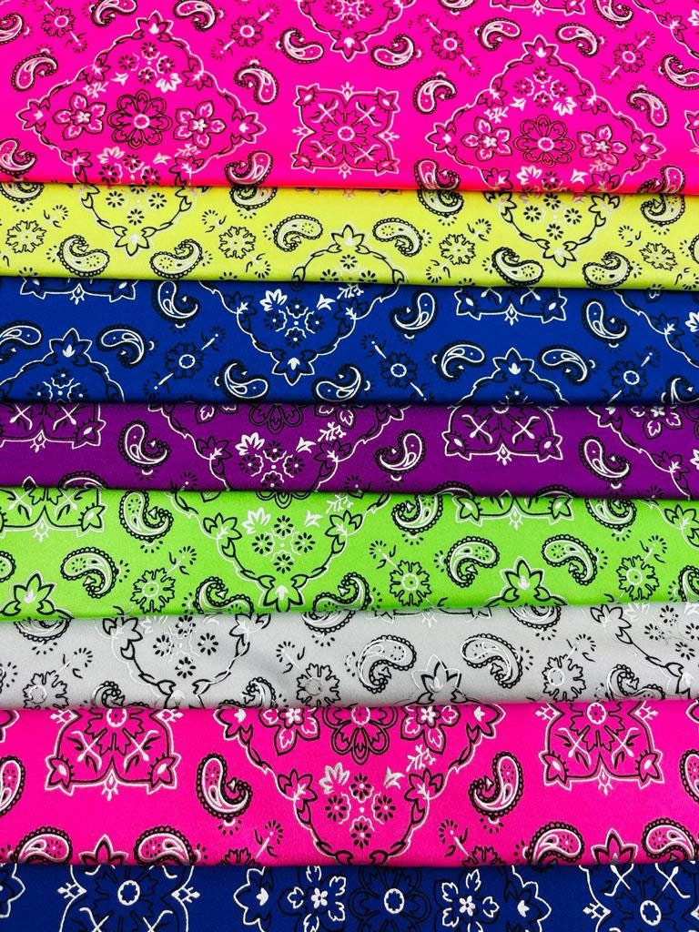 Modern bandana design print on the best quality nylon spandex with metallic 4-way stretch 58/60”sold by the YD.ships worldwide from Los Angeles CA USA.