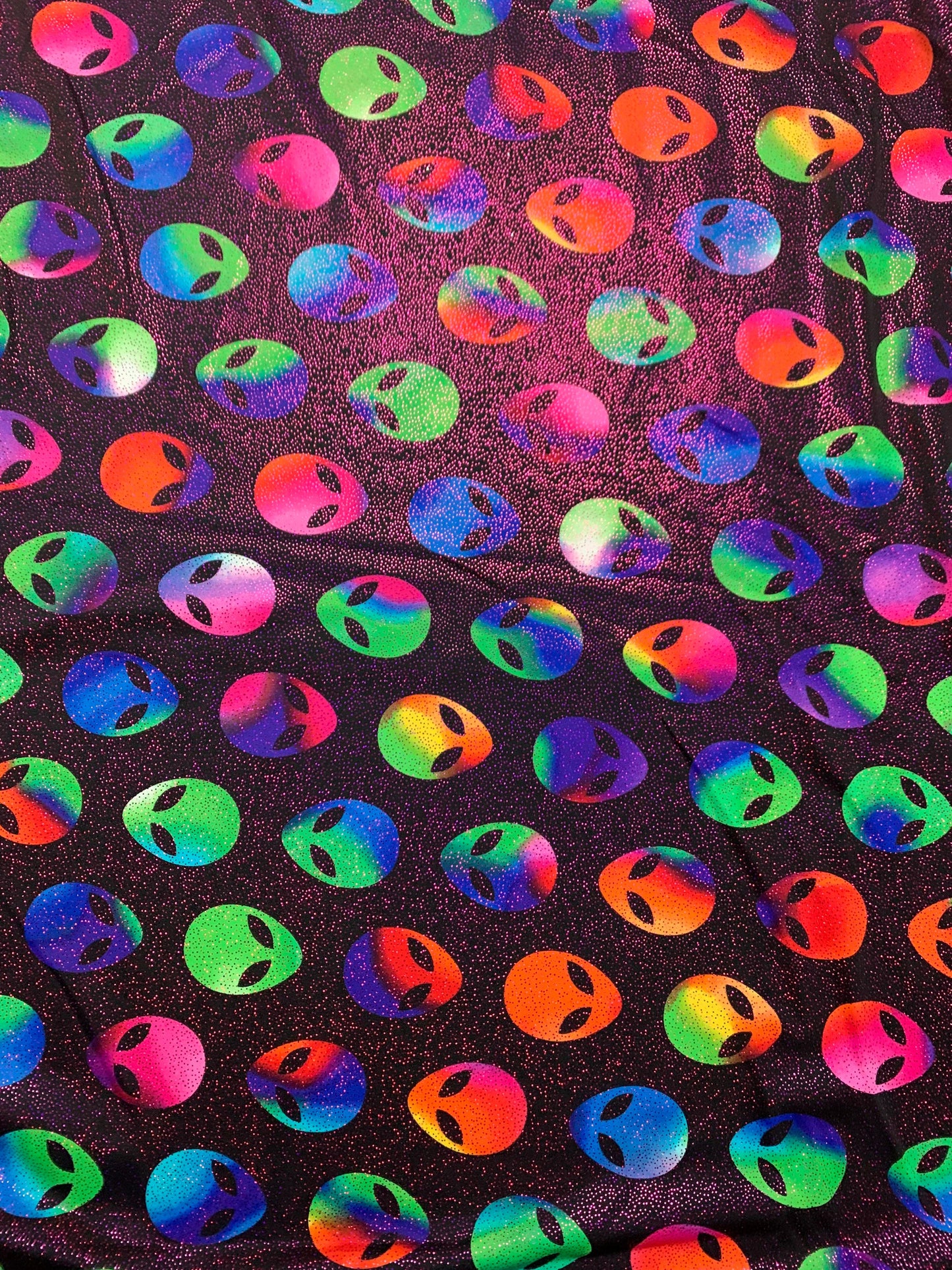 Great colorful martians design with foggy foil print on nylon spandex 4way stretch 58/60”sold by the YD.ships worldwide from Los Ángeles CA