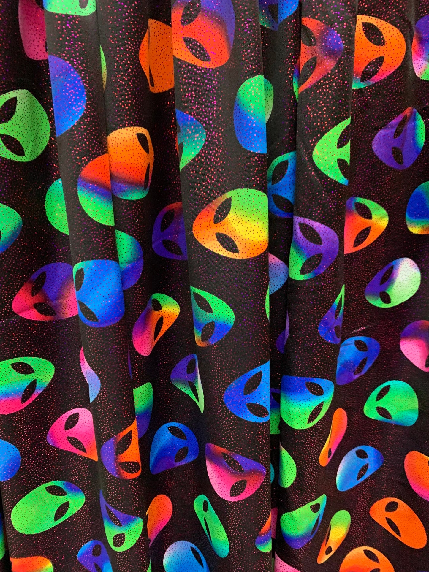 Great colorful martians design with foggy foil print on nylon spandex 4way stretch 58/60”sold by the YD.ships worldwide from Los Ángeles CA
