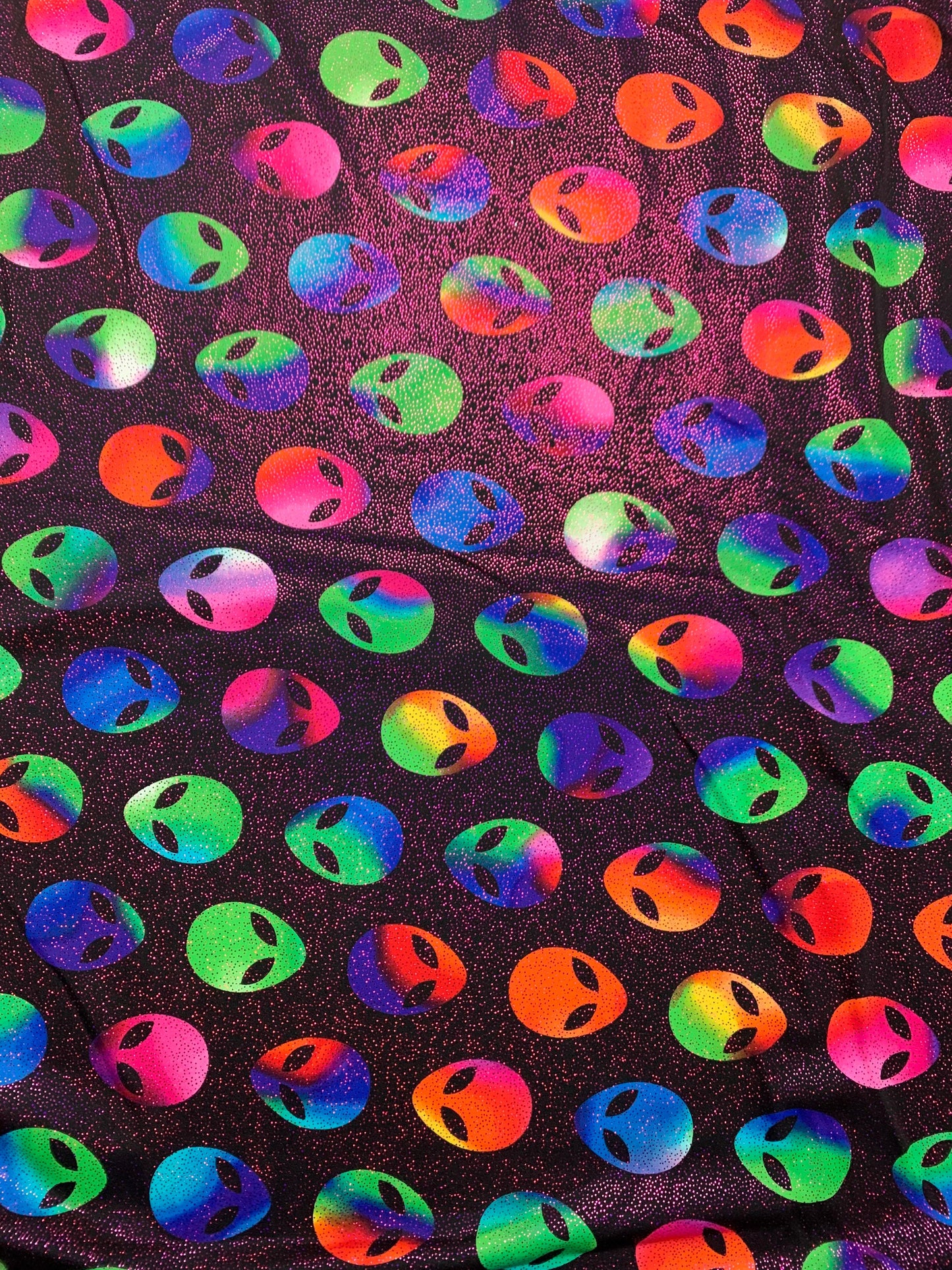 Great colorful martians design with foggy foil print on nylon spandex 4way stretch 58/60”sold by the YD.ships worldwide from Los Ángeles CA