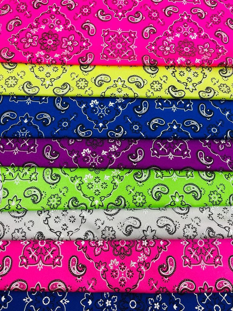 Modern bandana design print on the best quality nylon spandex with metallic 4-way stretch 58/60”sold by the YD.ships worldwide from Los Angeles CA USA.