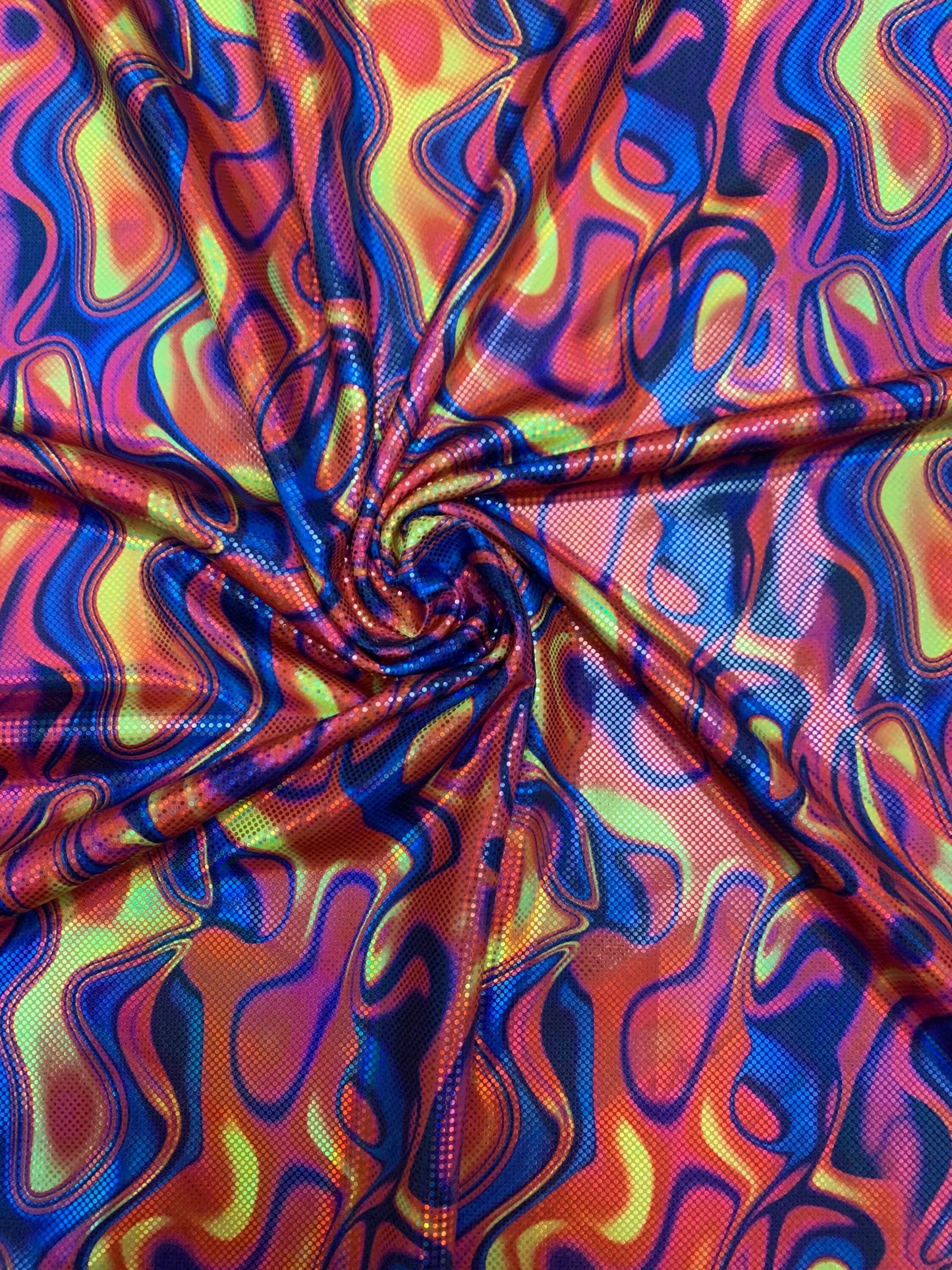 New lava design digital foil print lacer hologram metallic nylon spandex 4-way stretch58/60”sold by the YD.ships worldwide from Los Ángeles