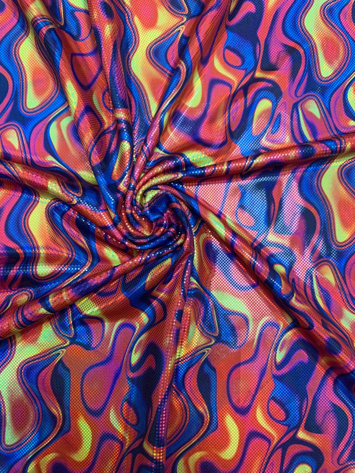 New lava design digital foil print lacer hologram metallic nylon spandex 4-way stretch58/60”sold by the YD.ships worldwide from Los Ángeles