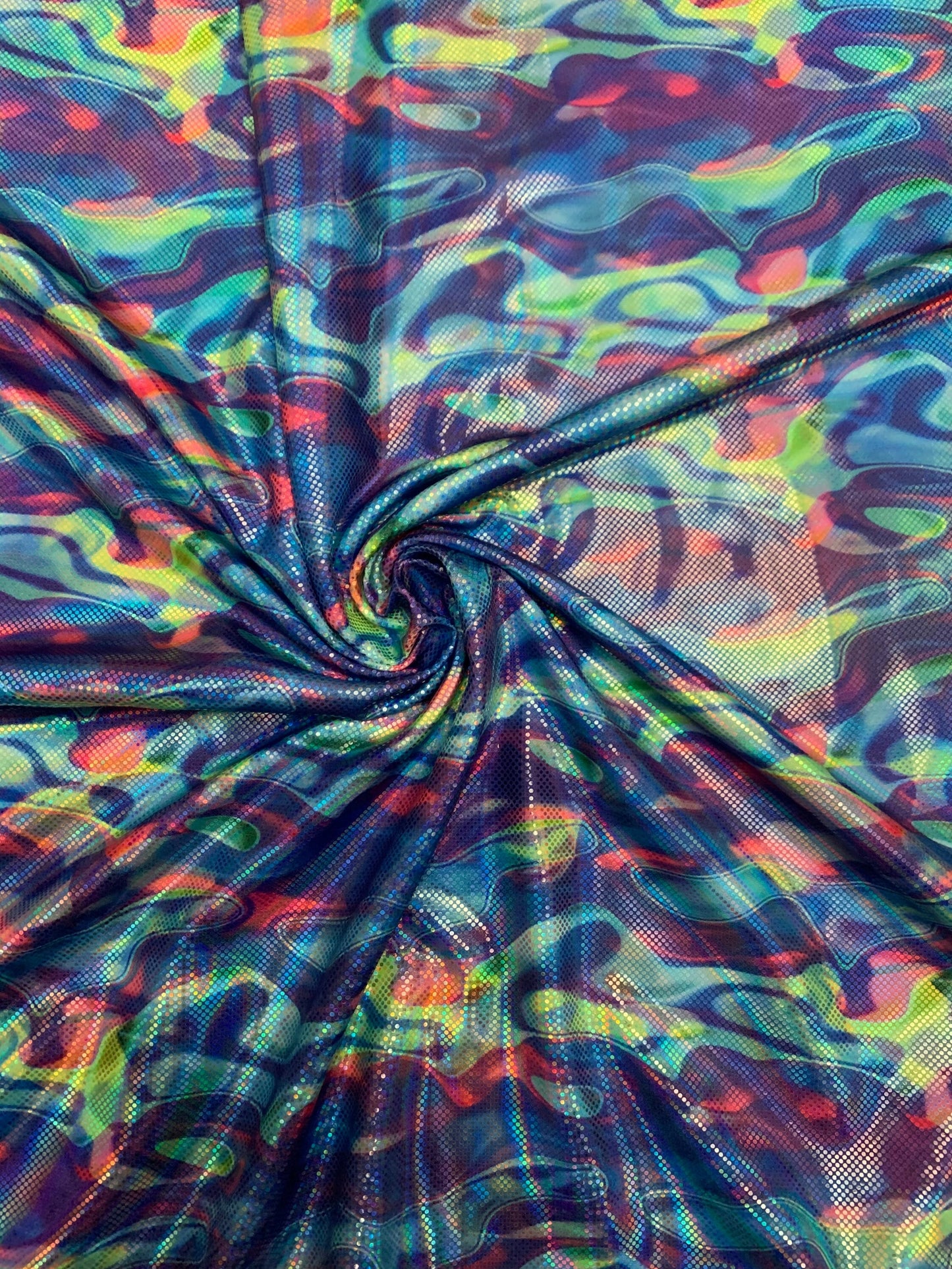 New lava design digital foil print lacer hologram metallic nylon spandex 4-way stretch58/60”sold by the YD.ships worldwide from Los Ángeles