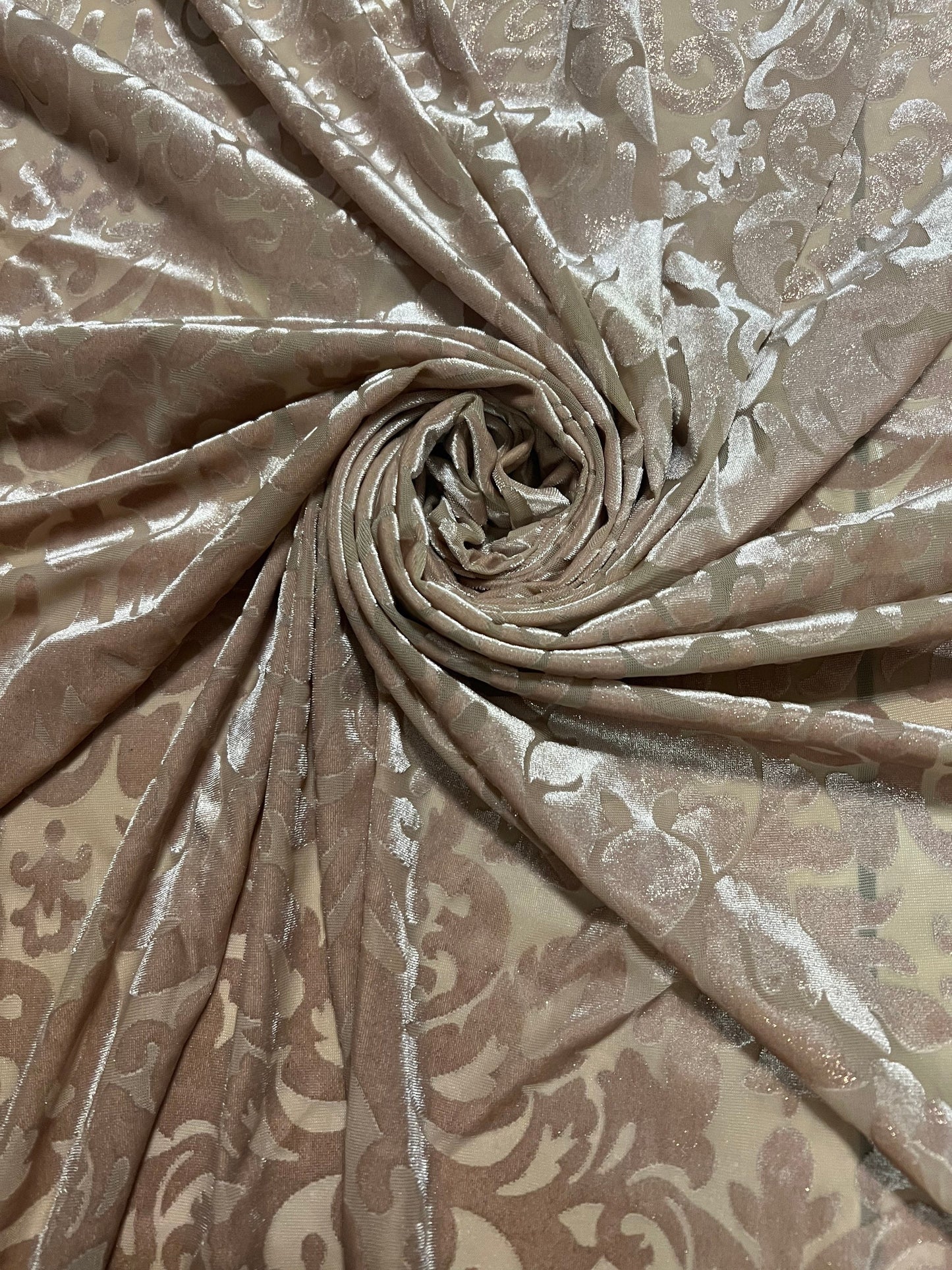 Stretch burnout velvet modern design light champagne color 4-way stretch 58/60 sold by the YD. Ships worldwide from Los Angeles CA USA.