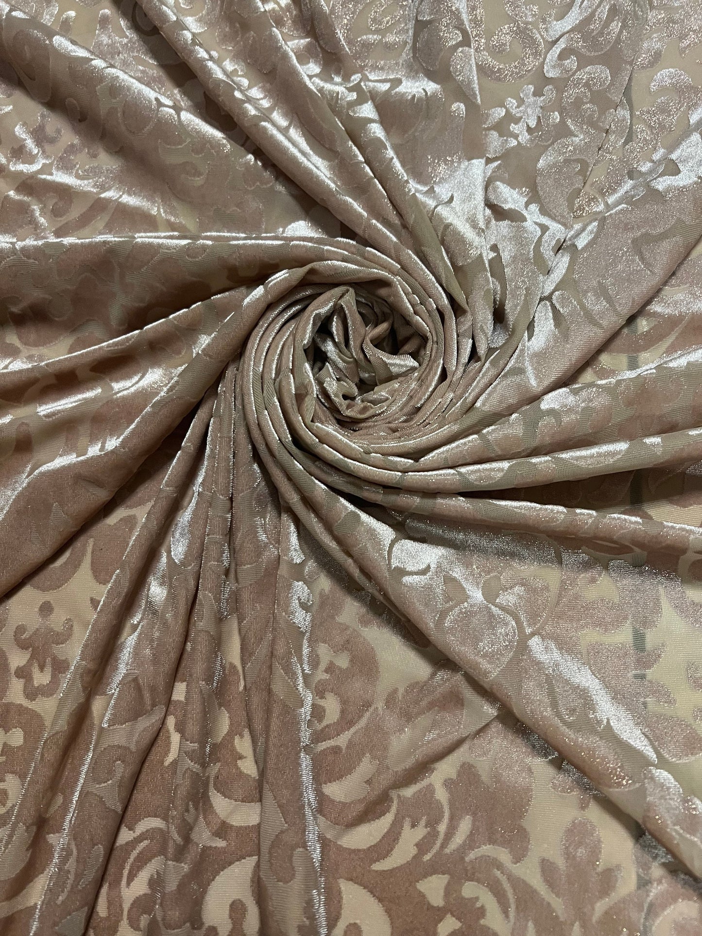Stretch burnout velvet modern design light champagne color 4-way stretch 58/60 sold by the YD. Ships worldwide from Los Angeles CA USA.