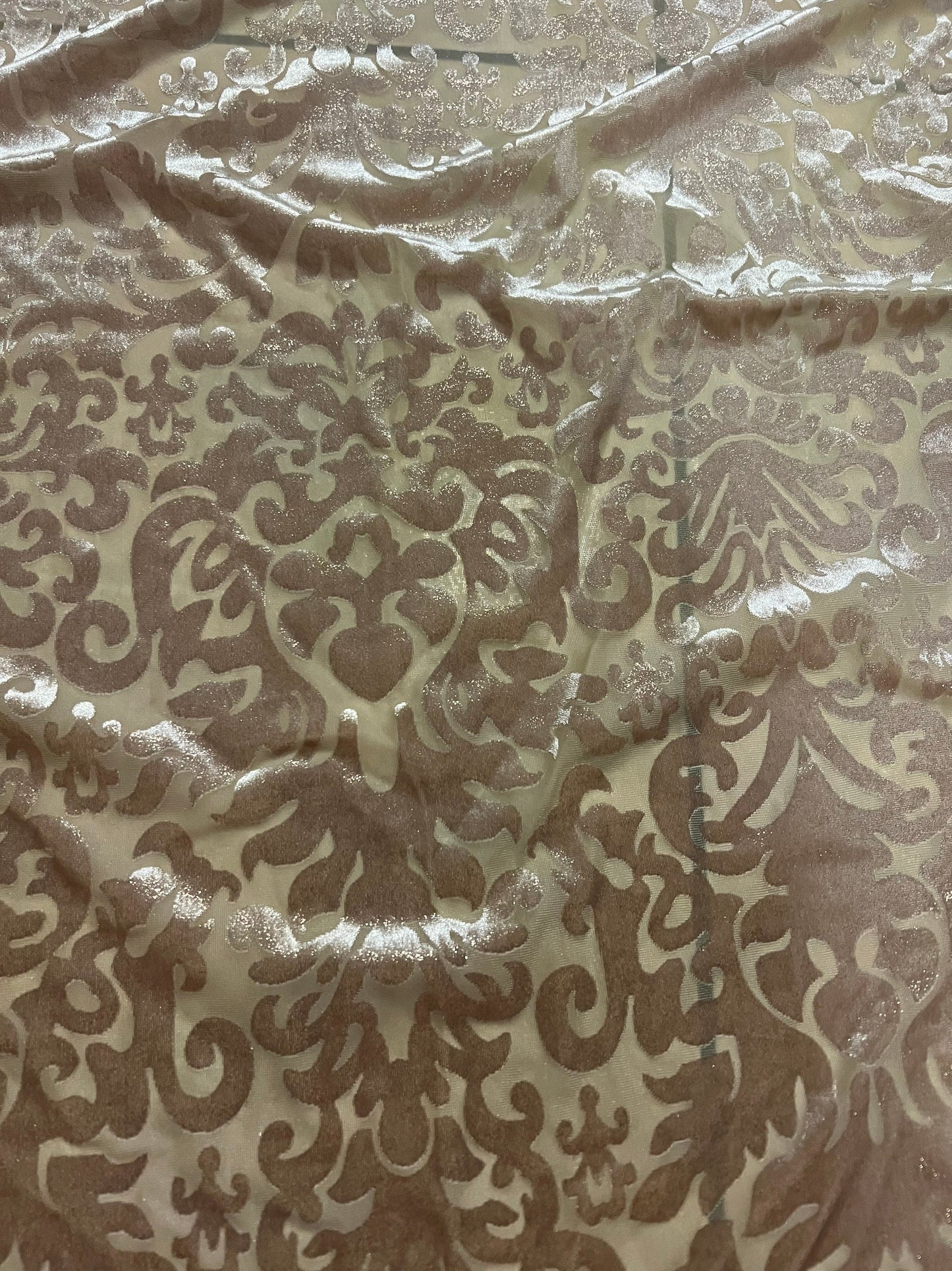 Stretch burnout velvet modern design light champagne color 4-way stretch 58/60 sold by the YD. Ships worldwide from Los Angeles CA USA.