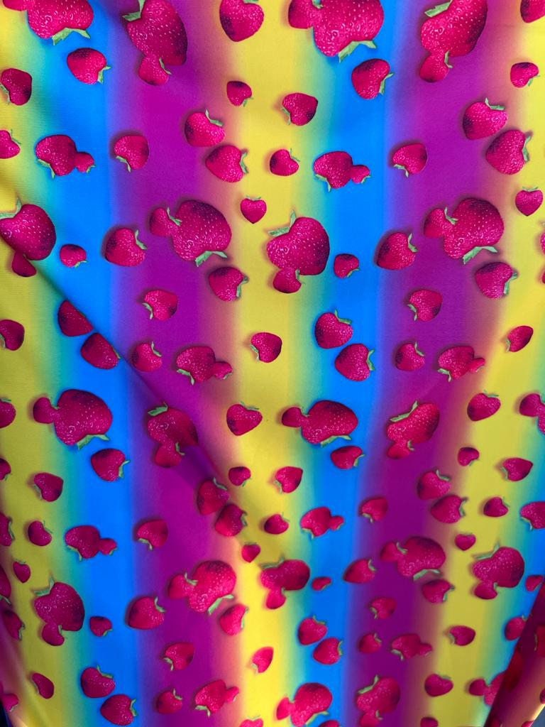 Rainbow and strawberry design print on the great quality of nylon spandex 4-stretch 58/60”sold by the YD.ships worldwide from Los Angeles CA