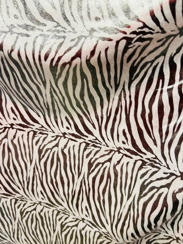 New exotic zebra design with all over foil metallic nylon spandex 4-stretch 58/60”sold by the YD.ships worldwide from Los Angeles California