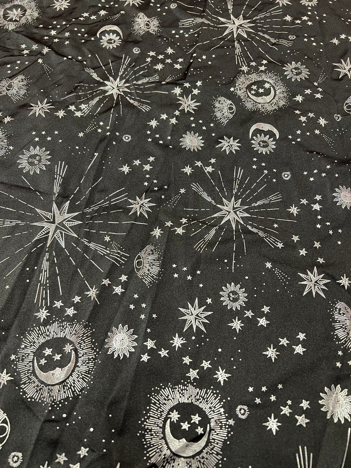 Stars moon celestial pattern design print on the nylon spandex 4-way stretch 58/60”sold by the YD.ships worldwide from Los Ángeles CA USA
