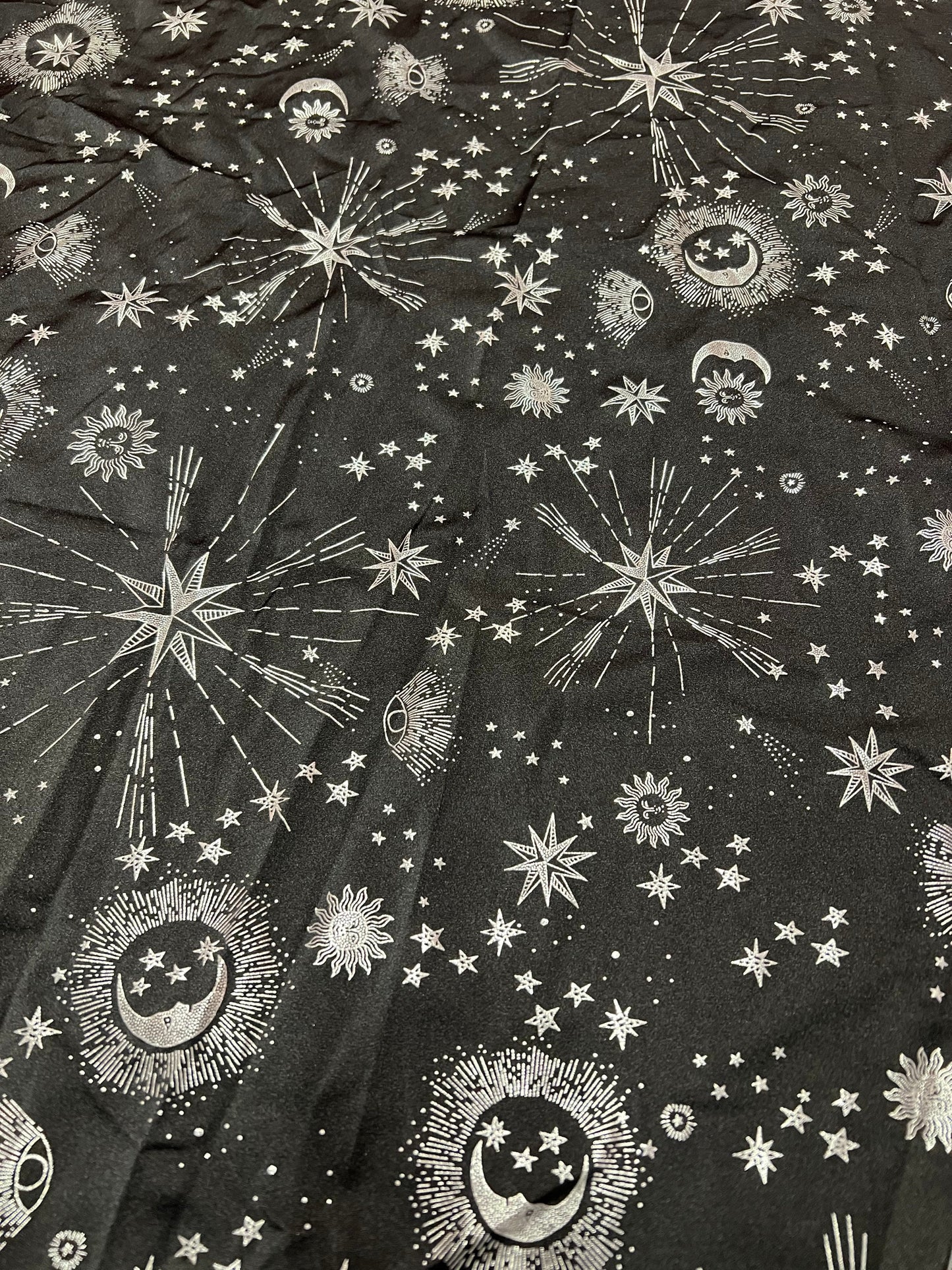 Stars moon celestial pattern design print on the nylon spandex 4-way stretch 58/60”sold by the YD.ships worldwide from Los Ángeles CA USA