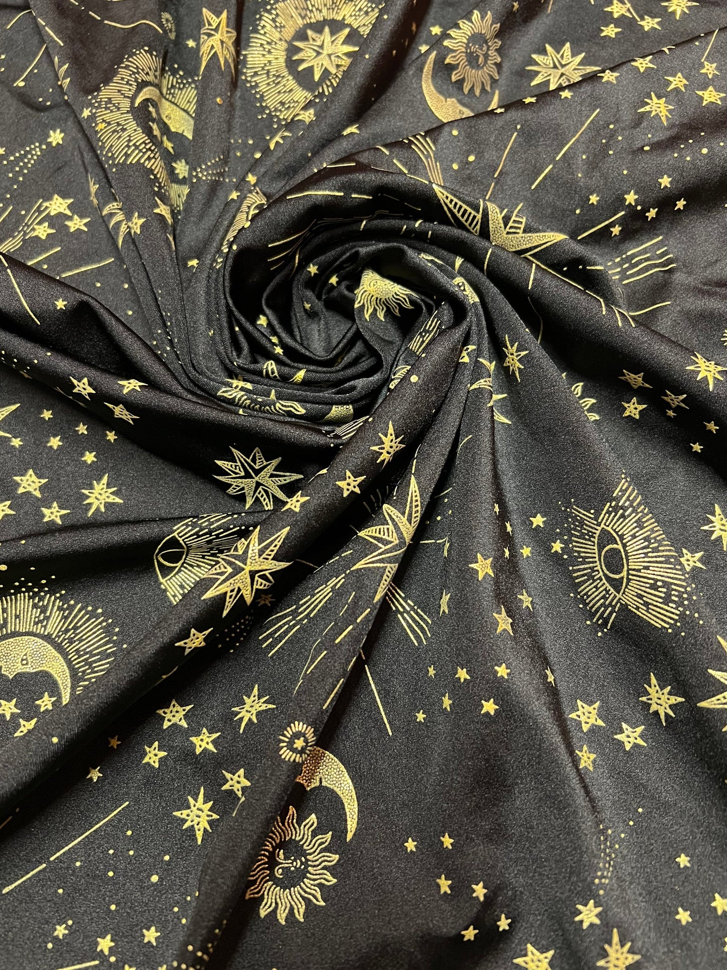 Stars moon celestial pattern design print on the nylon spandex 4-way stretch 58/60”sold by the YD.ships worldwide from Los Ángeles CA USA