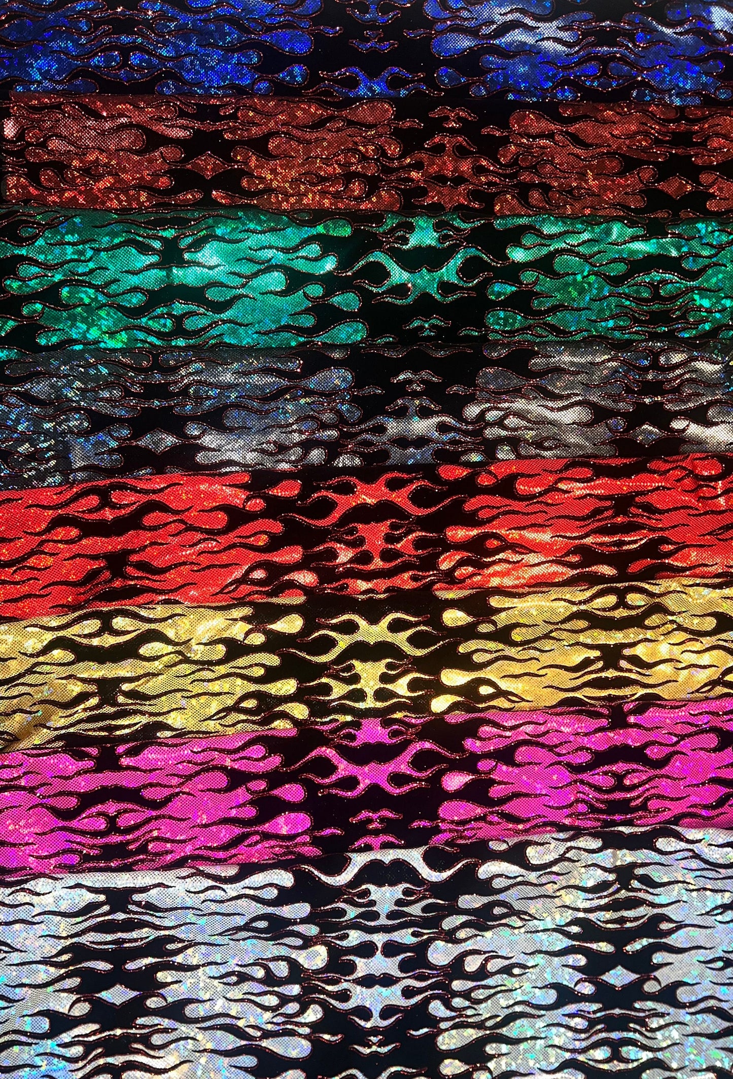 Leaping flames design hologram shattered glass with flocking metallic nylon spandex 4-stretch58/60”sold by the YD.Ships Worldwide from LA.