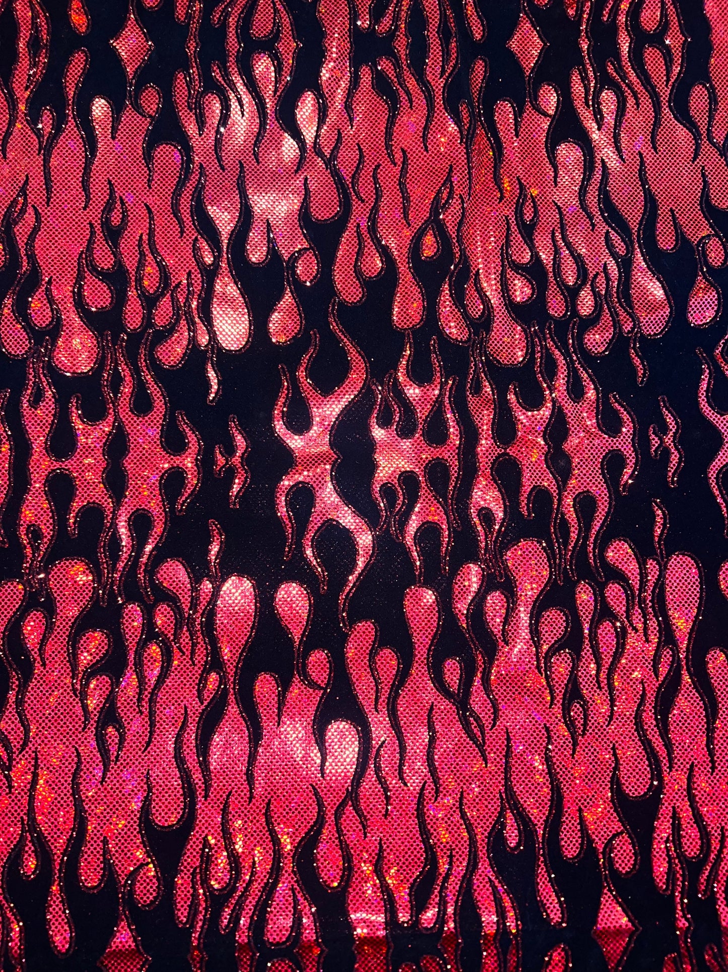 Leaping flames design hologram shattered glass with flocking metallic nylon spandex 4-stretch58/60”sold by the YD.Ships Worldwide from LA.