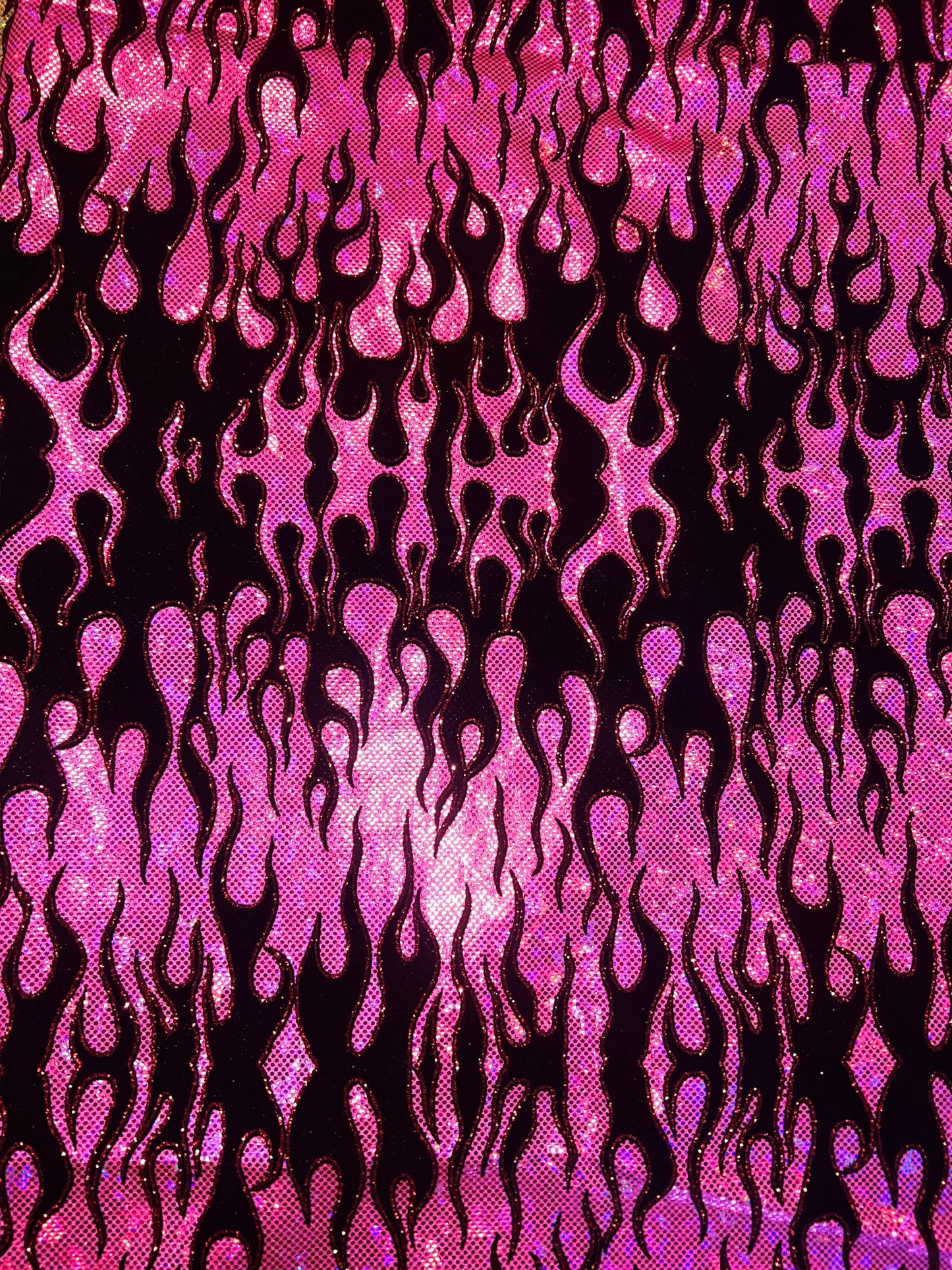 Leaping flames design hologram shattered glass with flocking metallic nylon spandex 4-stretch58/60”sold by the YD.Ships Worldwide from LA.