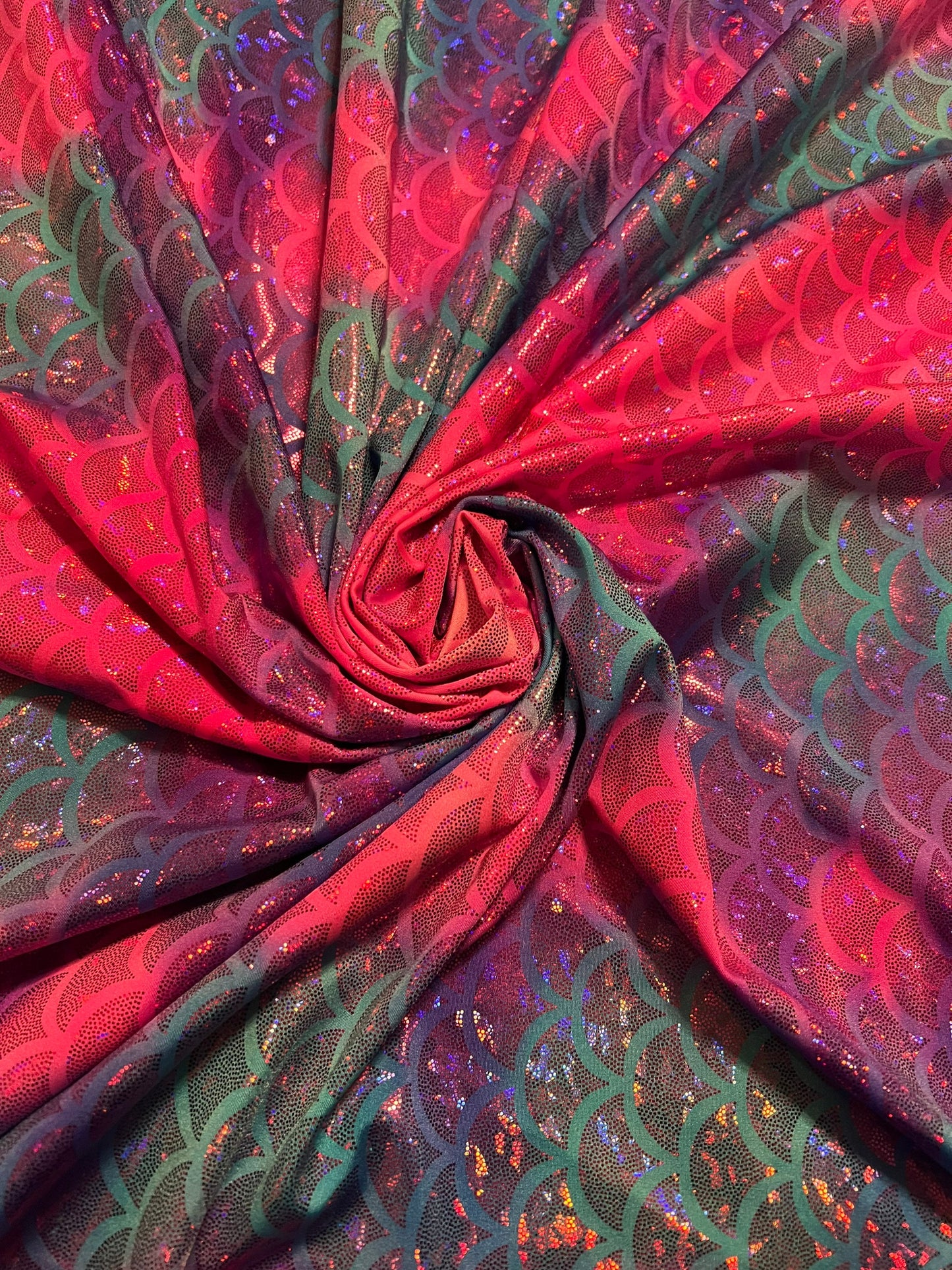 Tie dye mermaid scale design print on nylon spandex with hologram foil 4-way stretch 58/60”sold by the YD.Ships worldwide from Los Angeles