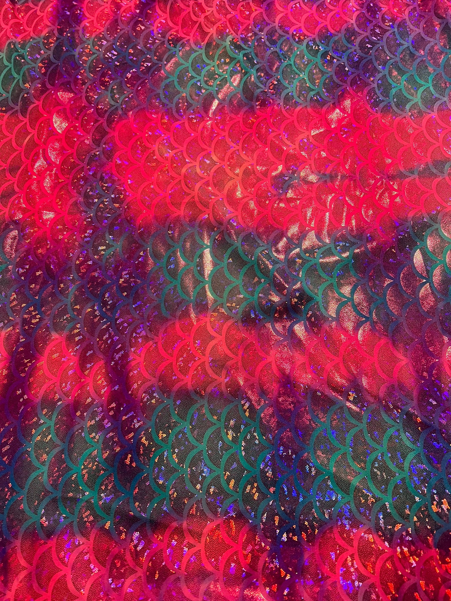 Tie dye mermaid scale design print on nylon spandex with hologram foil 4-way stretch 58/60”sold by the YD.Ships worldwide from Los Angeles