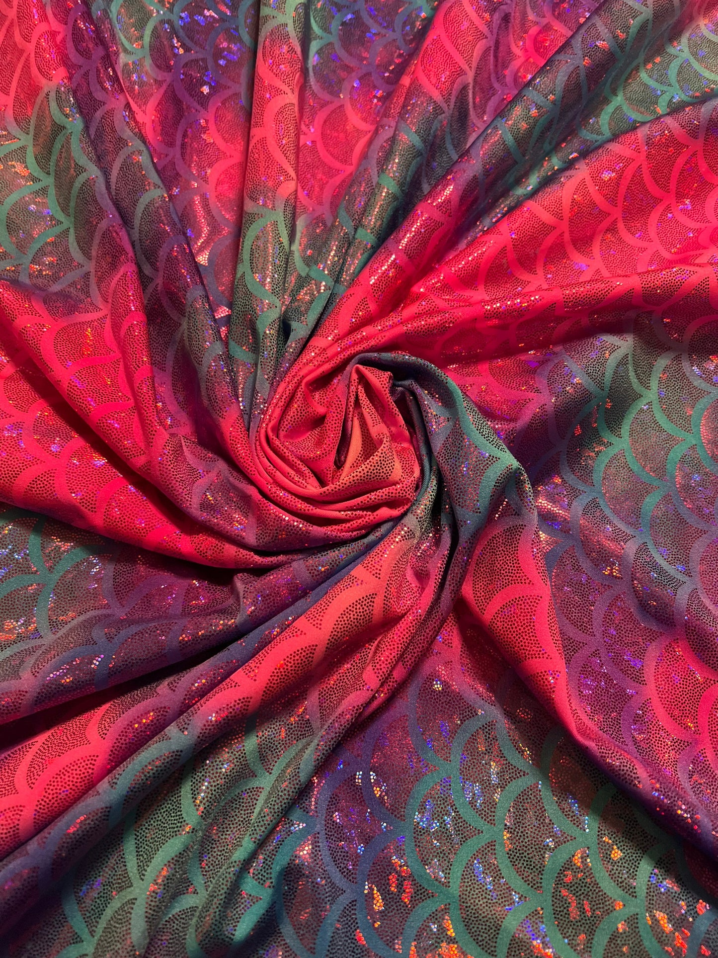 Tie dye mermaid scale design print on nylon spandex with hologram foil 4-way stretch 58/60”sold by the YD.Ships worldwide from Los Angeles