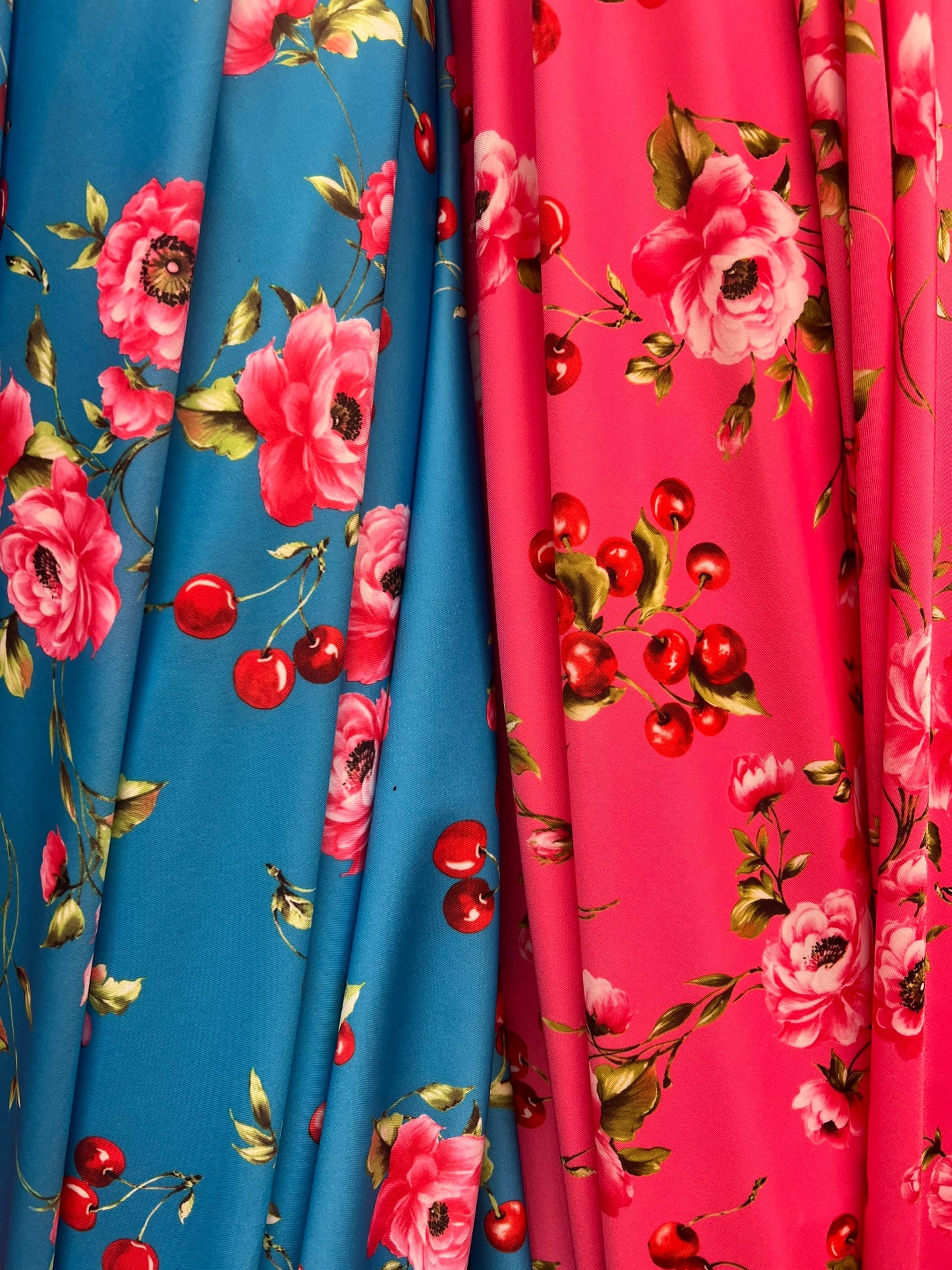 Adabella roses and cherries design print on the best quality of nylon spandex 4-stretch 58/60 sold by the YD.Ships worldwide from LA.