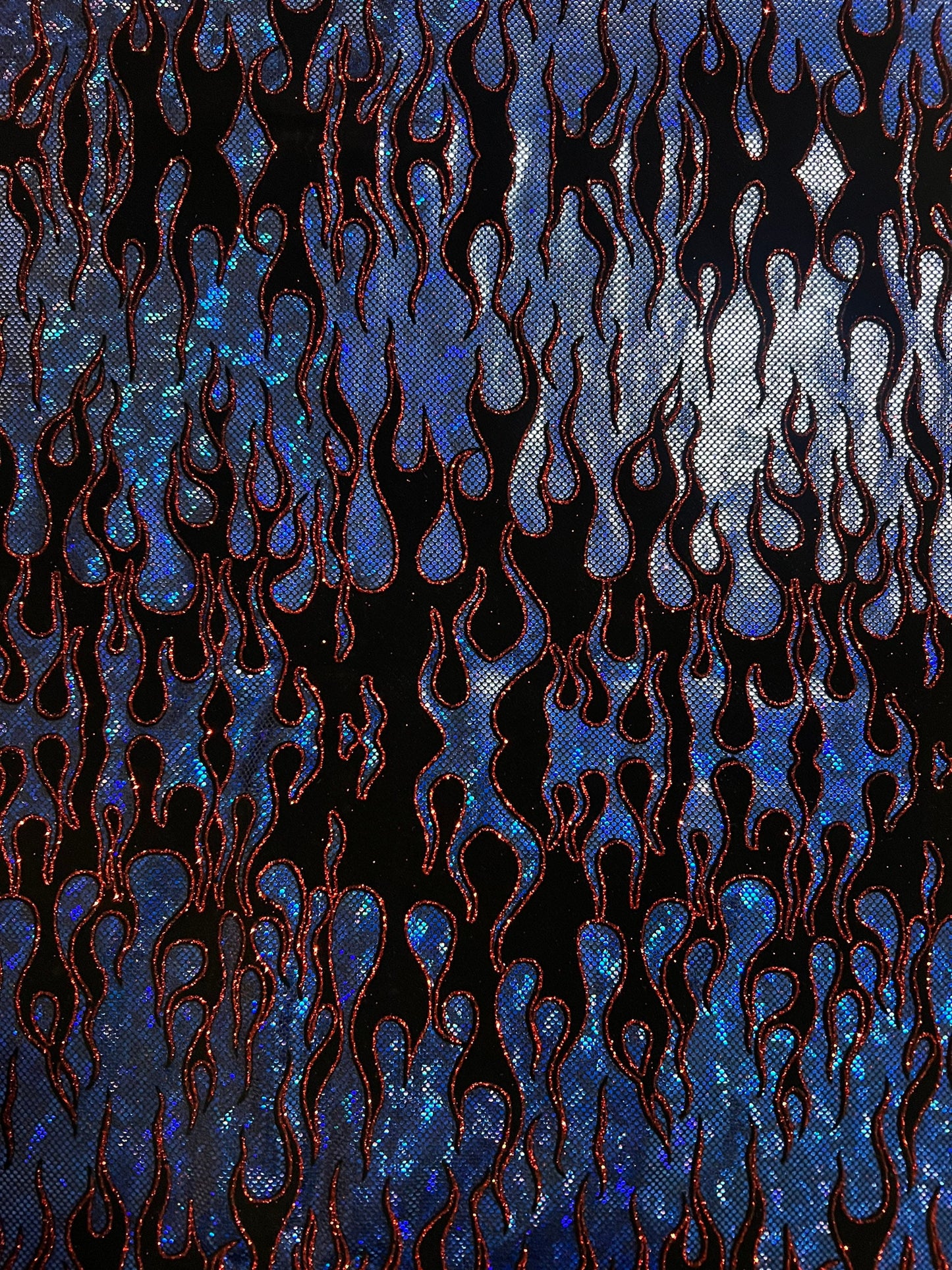 Leaping flames design hologram shattered glass with flocking metallic nylon spandex 4-stretch58/60”sold by the YD.Ships Worldwide from LA.