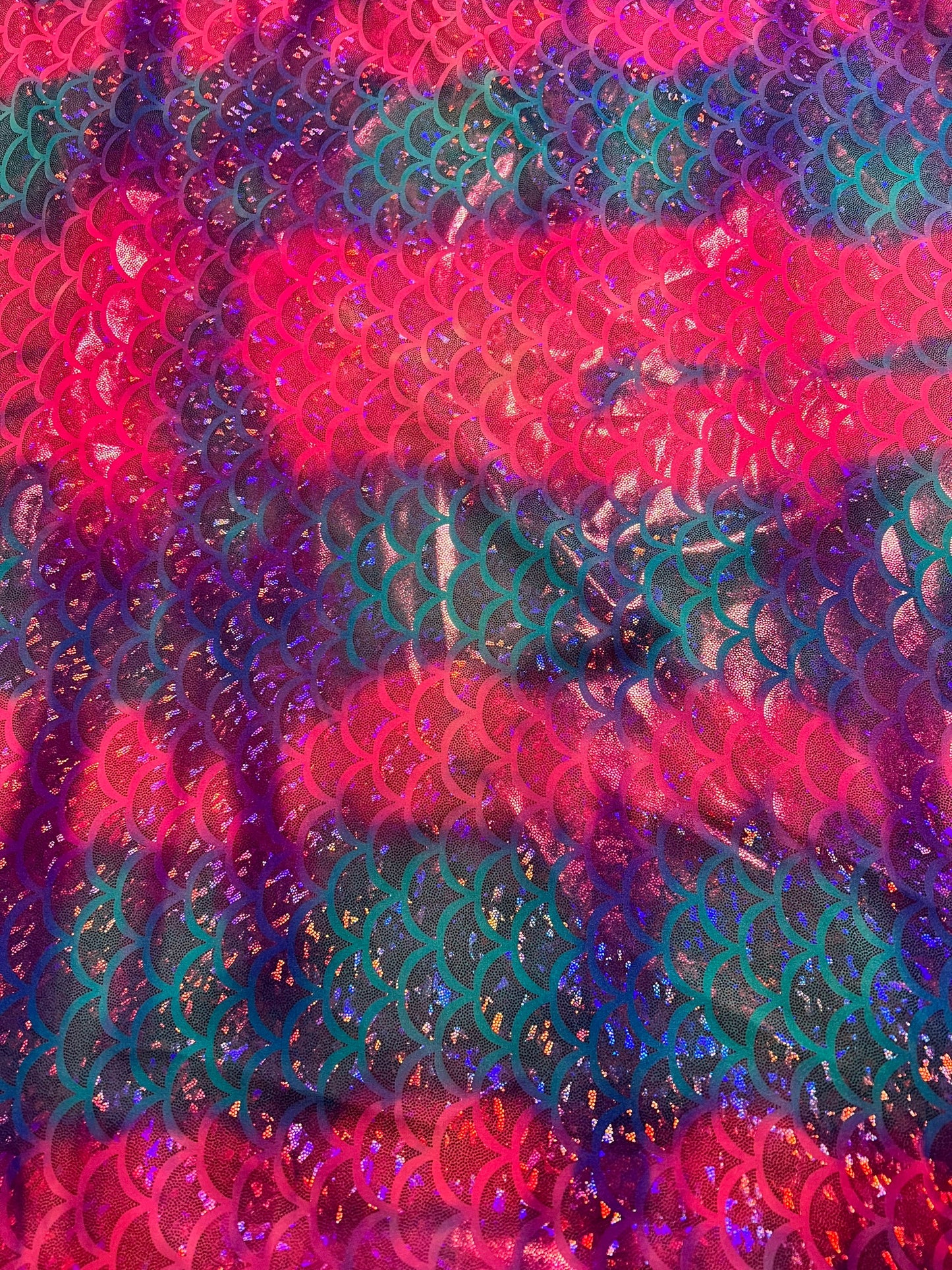 Tie dye mermaid scale design print on nylon spandex with hologram foil 4-way stretch 58/60”sold by the YD.Ships worldwide from Los Angeles