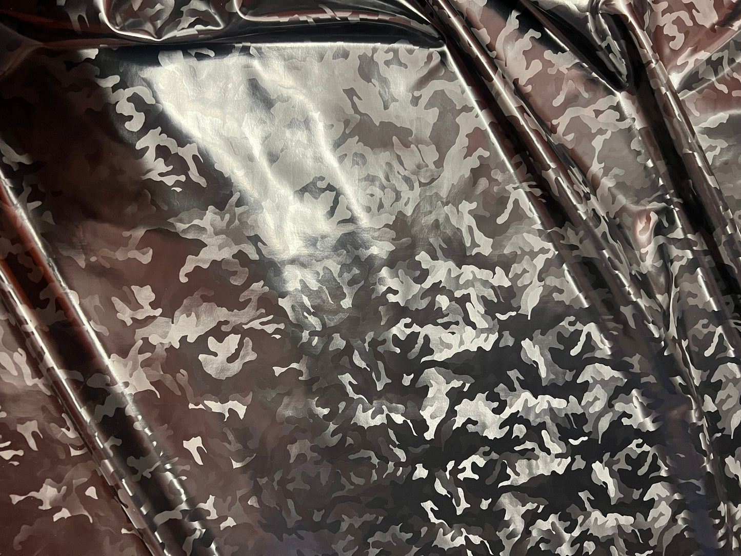 Great shining vinyl 3D camouflage design 4-way stretch 58/60”sold by the YD.Ships worldwide from Los Angeles California USA