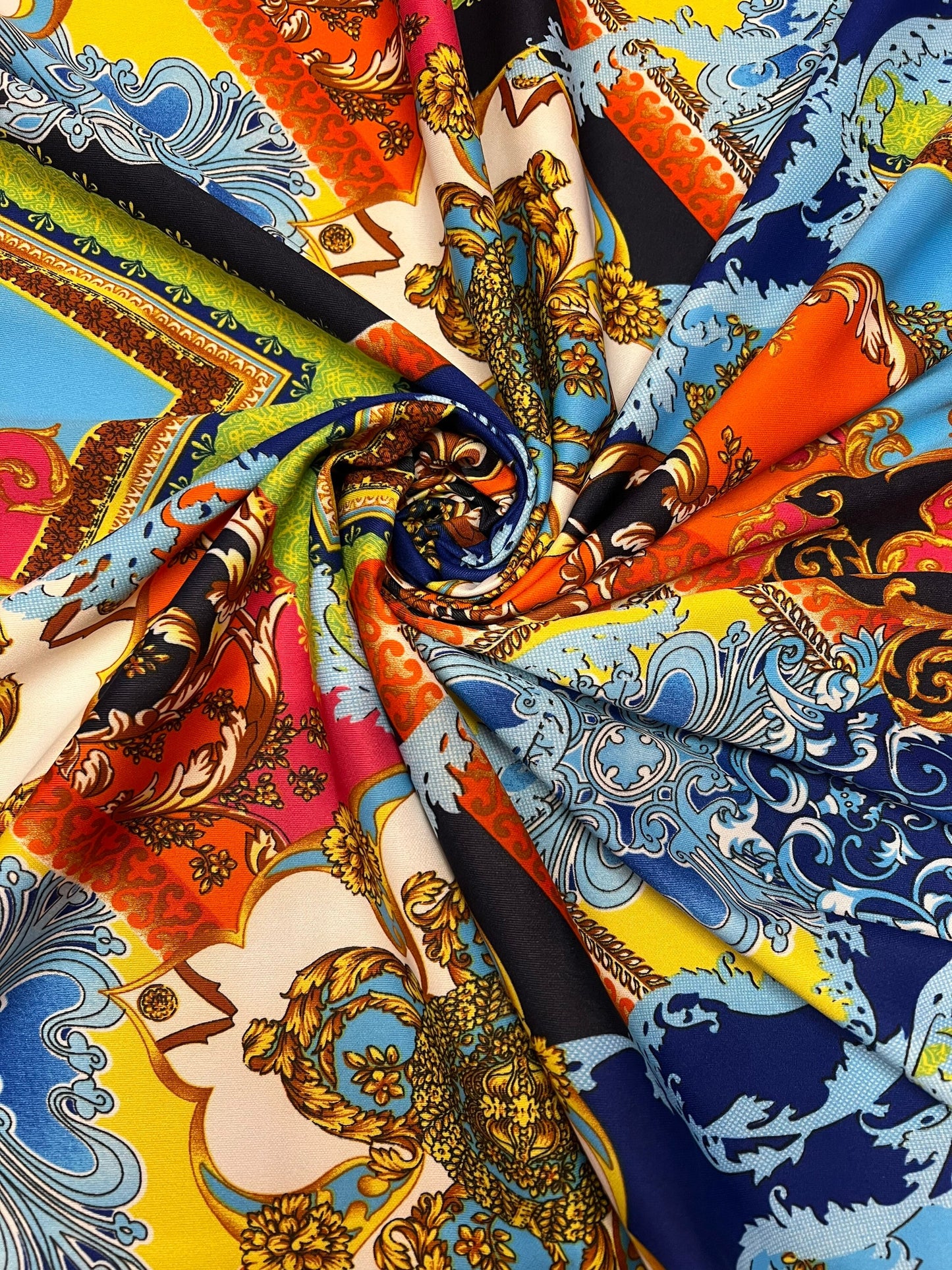 Luxury baroque design print on poly spandex4-Stretch 58/60”Sold by the YD.Ships worldwide from Los Angeles California USA.