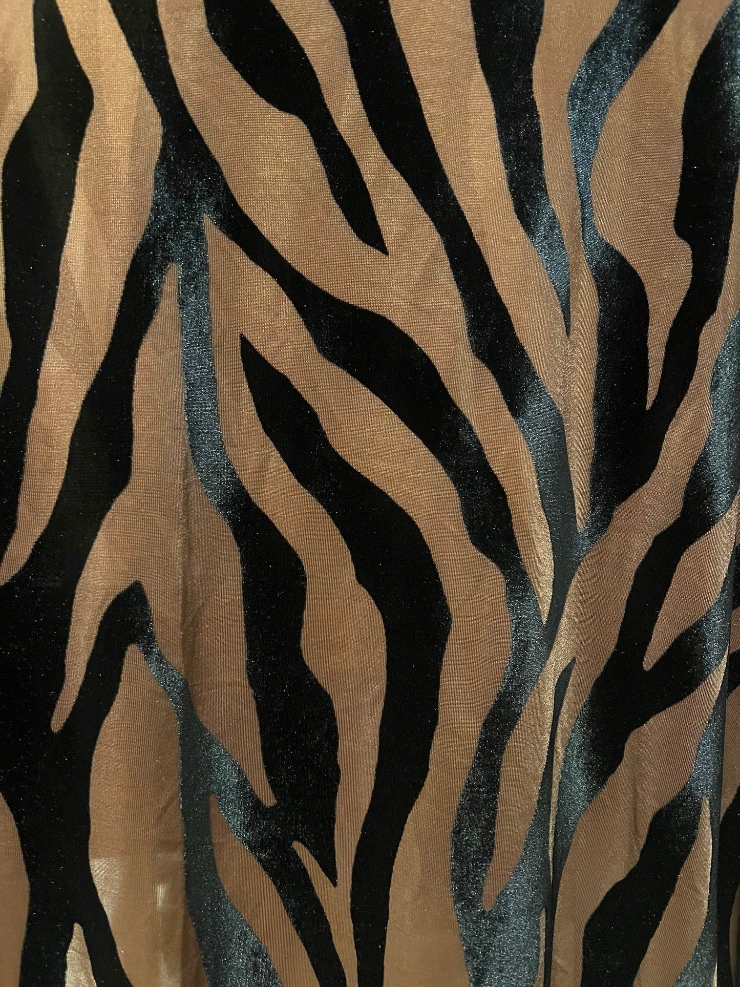 Mocha and Black zebra design print on burnout velvet 4-stretch 58/60”Sold by the YD.Ships worldwide from Los Angeles California USA