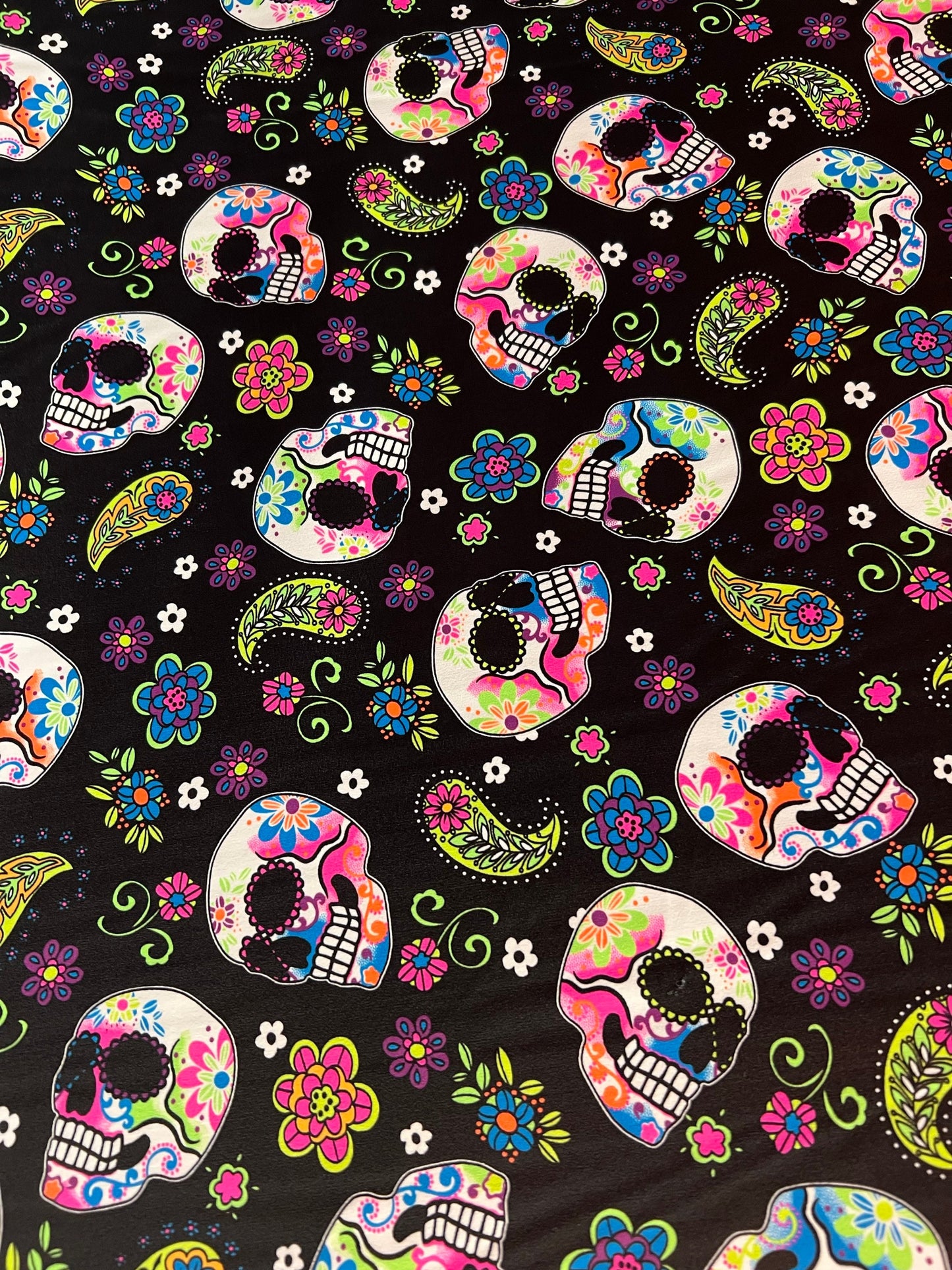 Mexican Skulls design print on the best quality of nylon spandex 4-stretch 58/60”Sold by the YD.Ships worldwide from Los Angeles CA.