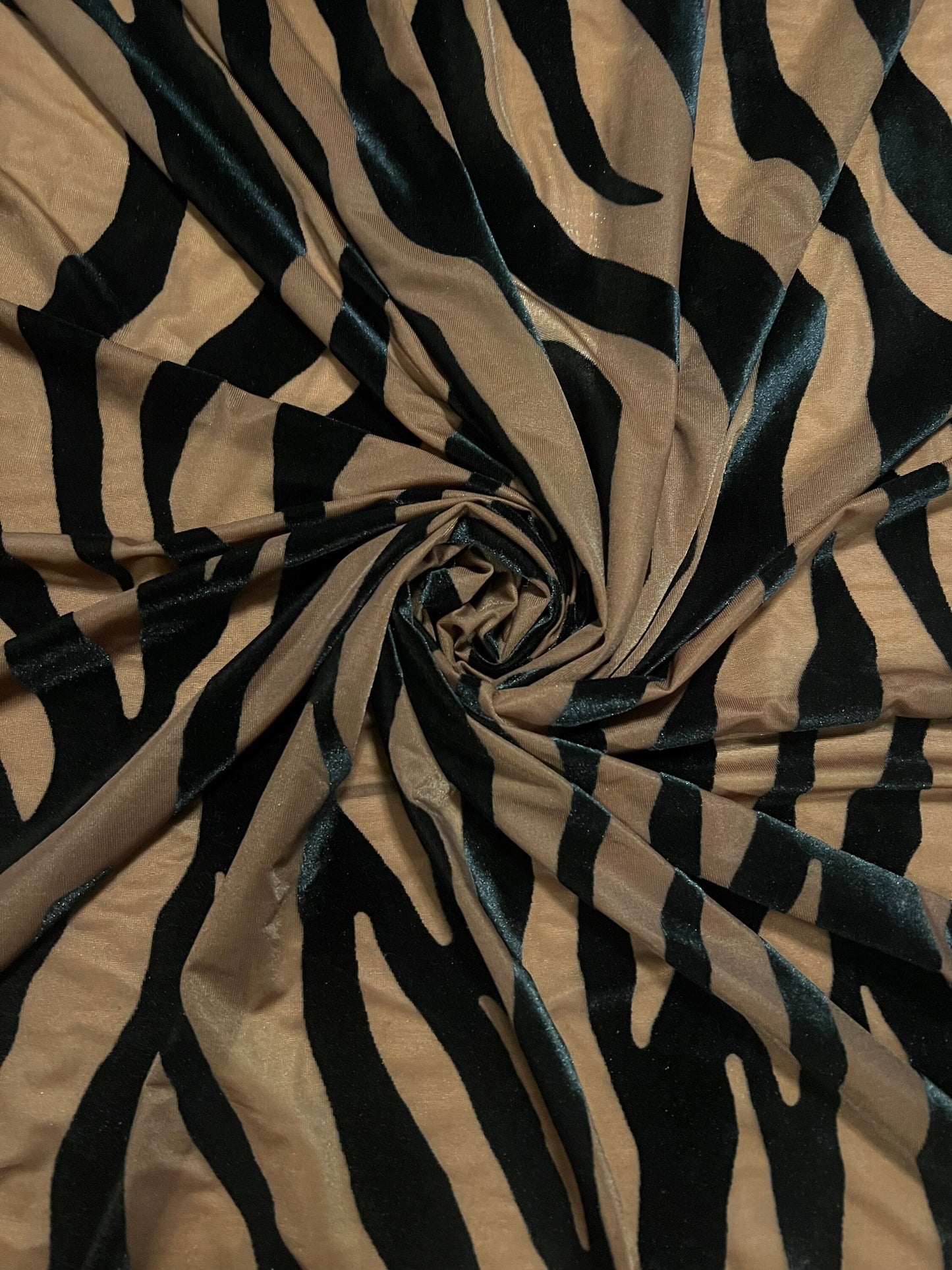 Mocha and Black zebra design print on burnout velvet 4-stretch 58/60”Sold by the YD.Ships worldwide from Los Angeles California USA
