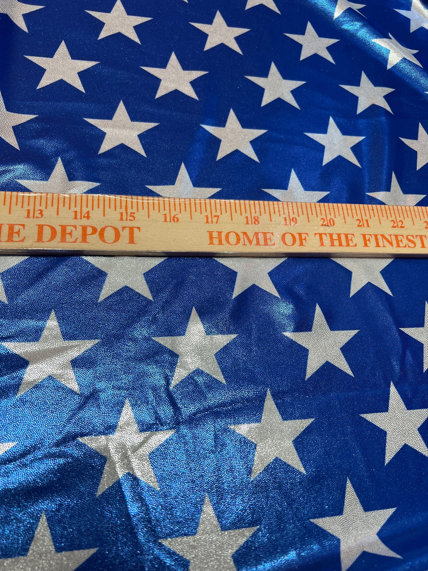 Patriotic stars pattern design print on metallic nylon spandex 4way stretch 58/60”sold by the YD.Ships worldwide from Los Angeles CA.