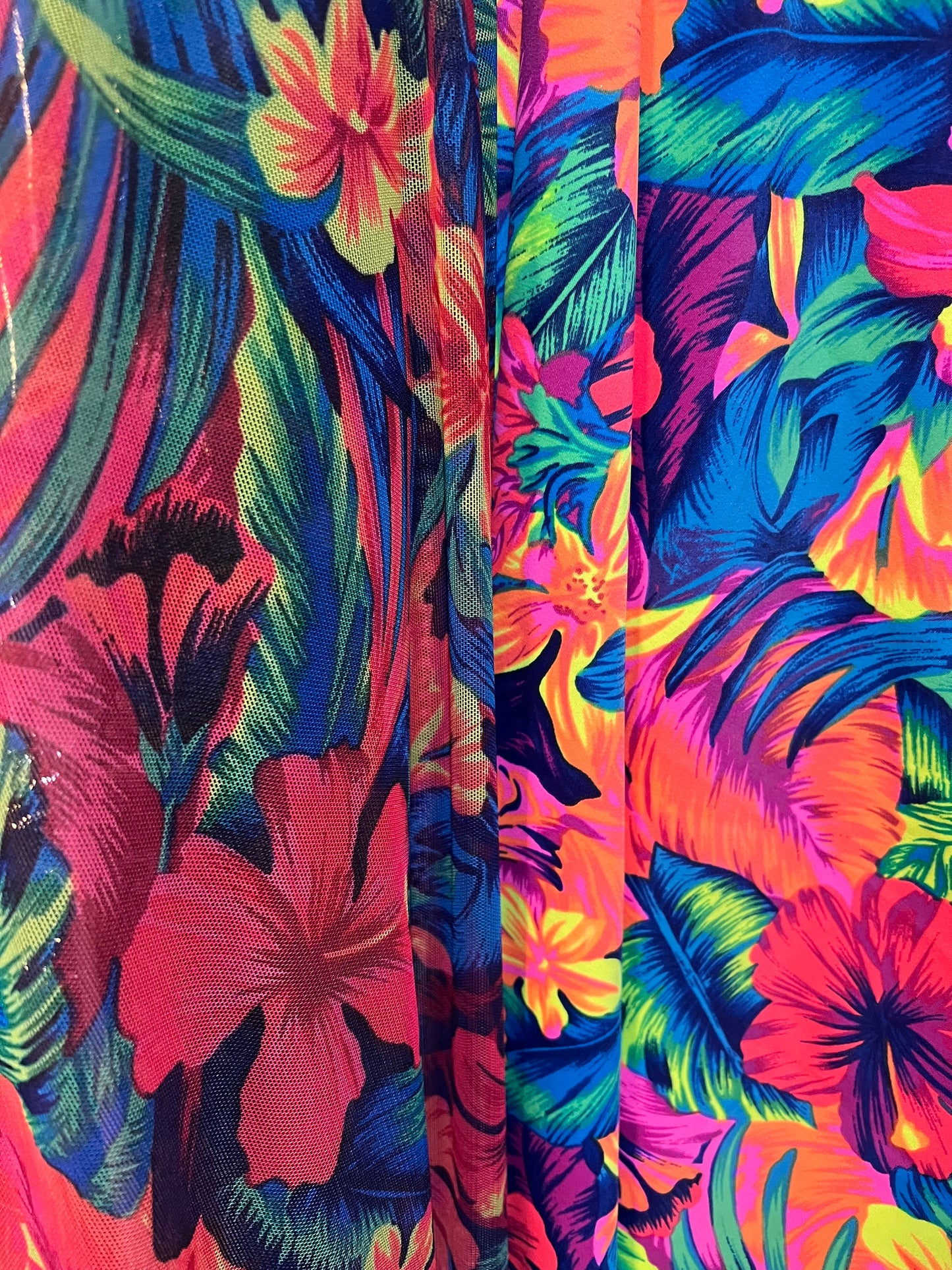 New Hawaiian flowers design print on the best quality of nylon spandex and mesh 4-way stretch 58/60”sold by the YD.Ships worldwide from LA.