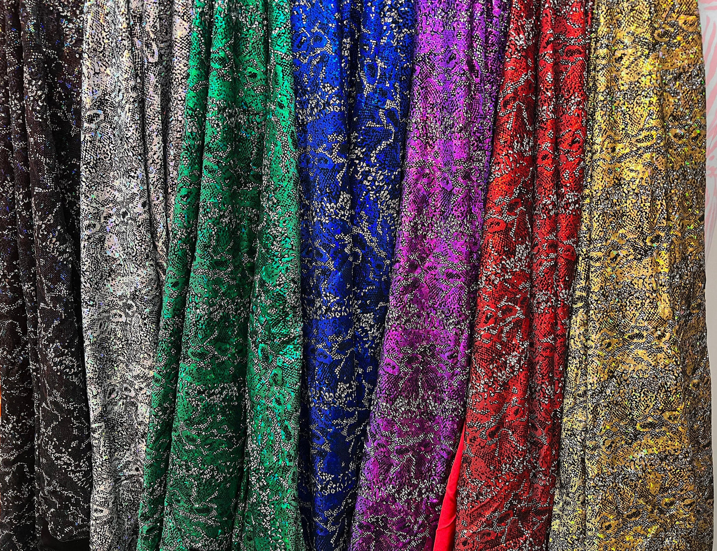 New piton skin design hologram metallic with flocking nylon spandex 4-way stretch 58/60”sold by the YD.Ships worldwide from Los Angeles CA.