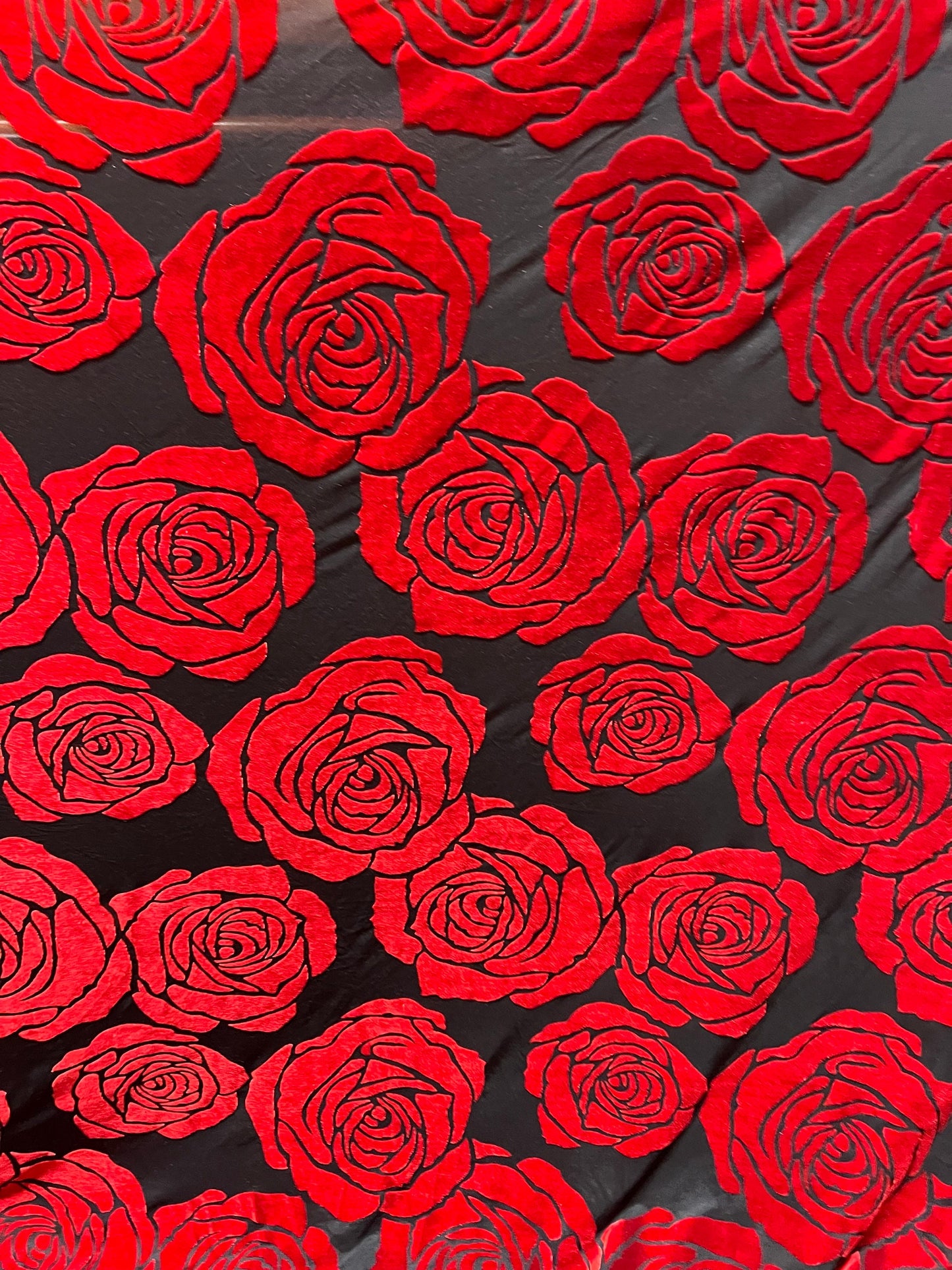 Dk red roses burnout velvet 4-stretch 58/60”sold by the YD. ships worldwide from Los Angeles California USA