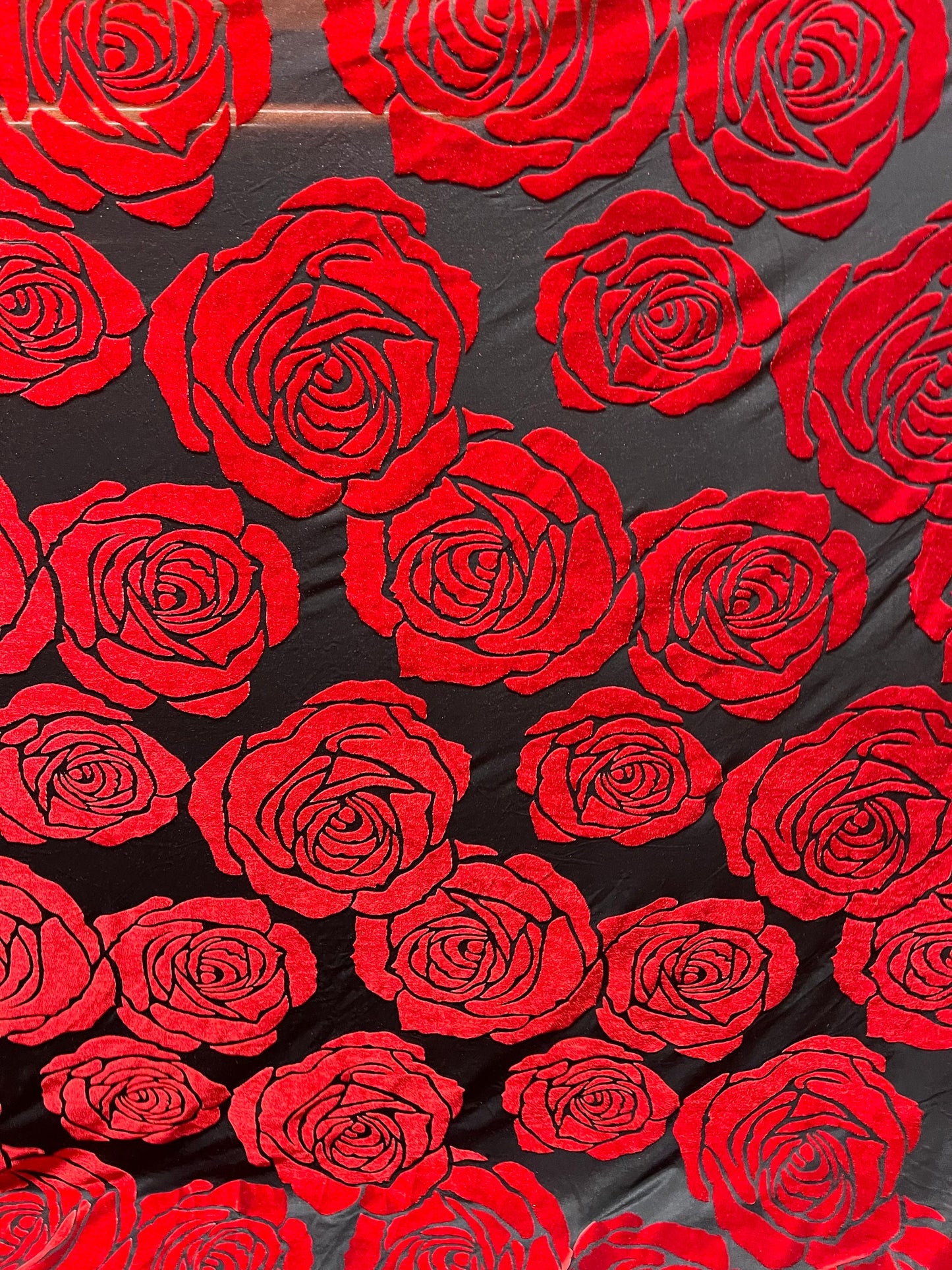 Dk red roses burnout velvet 4-stretch 58/60”sold by the YD. ships worldwide from Los Angeles California USA